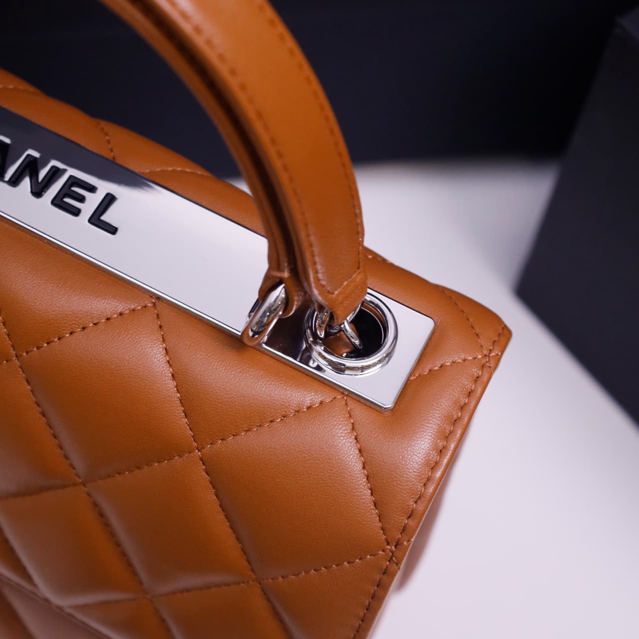 SMALL FLAP BAG WITH TOP HANDLE Lambskin Silver Metal Tan A