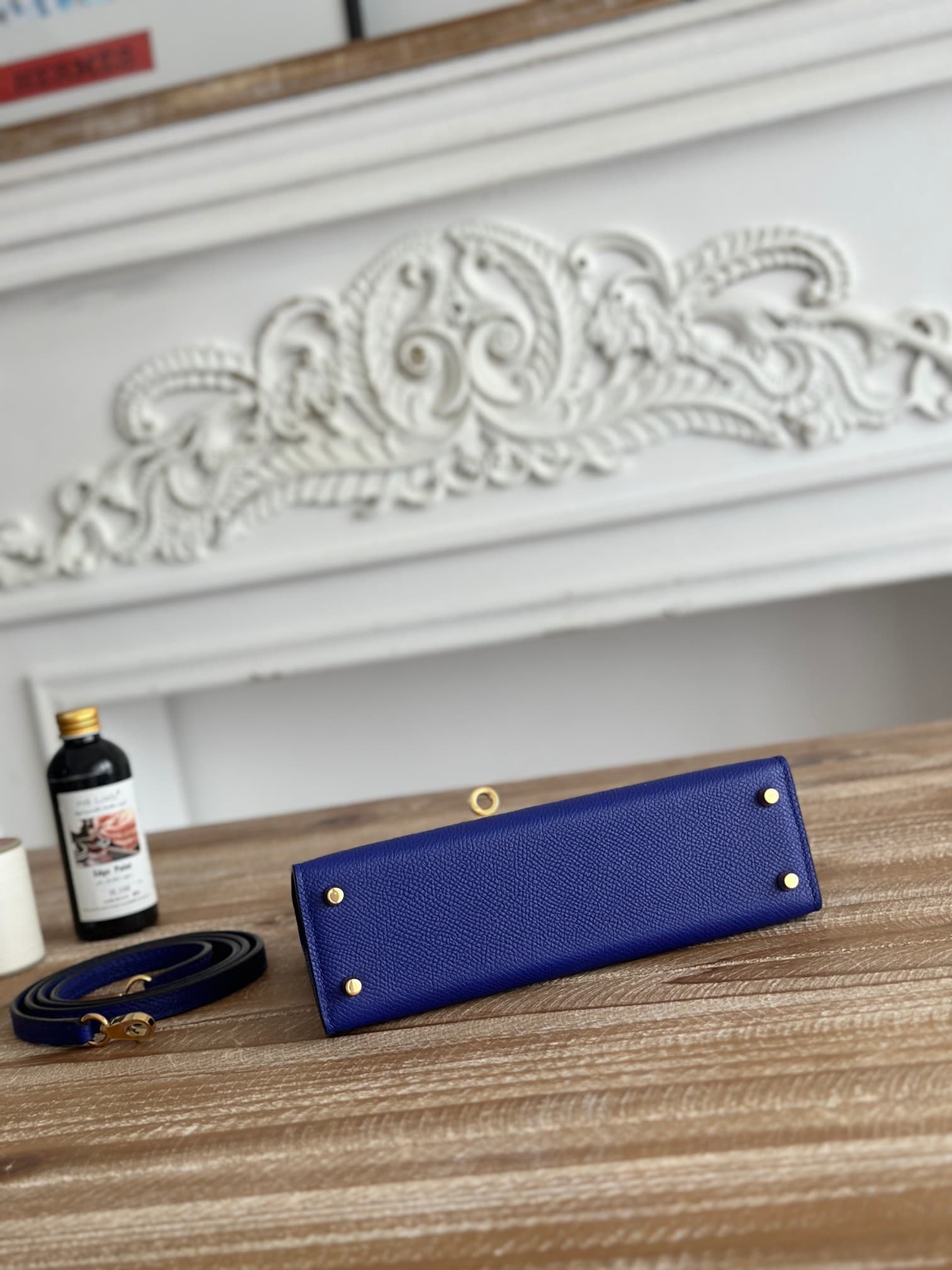 Hermes Kelly Mini II Bag Epsom Leather WAX Silver/Gold Metal Bleu Electric High
