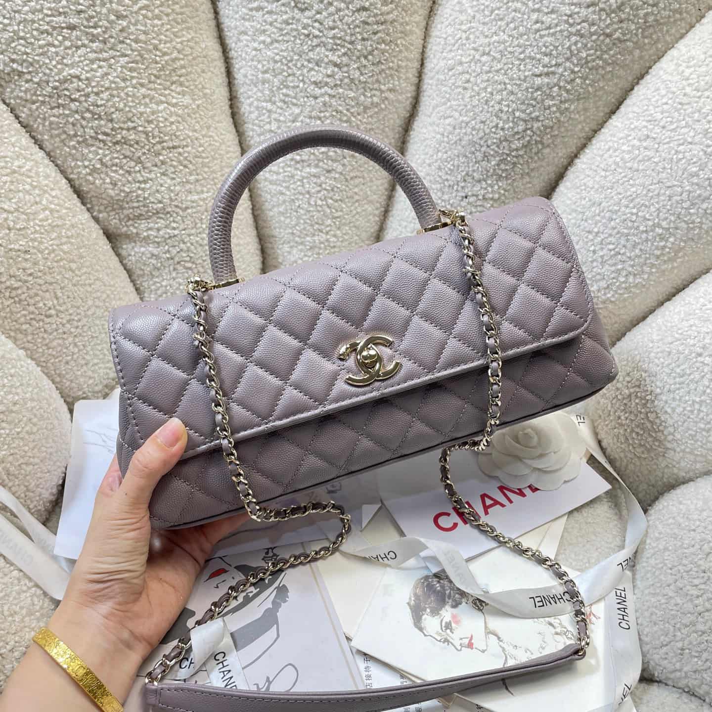Chanel Maxi Flap Bag with Top Handle Grained Calfskin& Gold-Tone Metal AS6091 Grey A