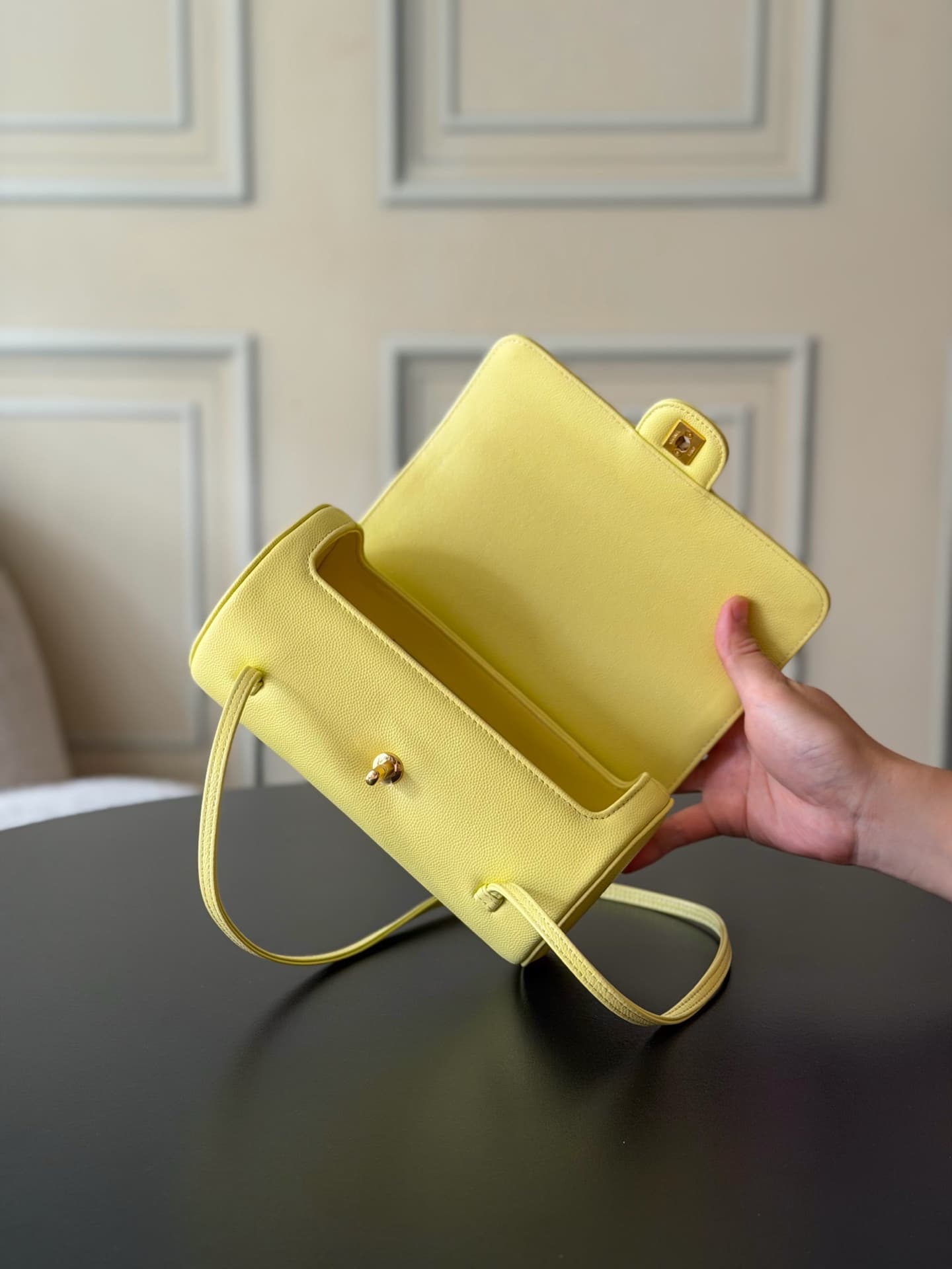 Chanel Small Bowling Bag Grained Shiny Calfskin & Gold-Tone Metal AS6143 Yellow High