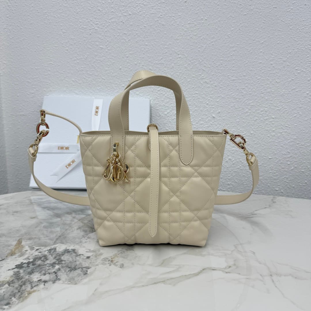 Small Dior Toujours Vertical Tote Bag Light Beige Macrocannage Calfskin M2835 High