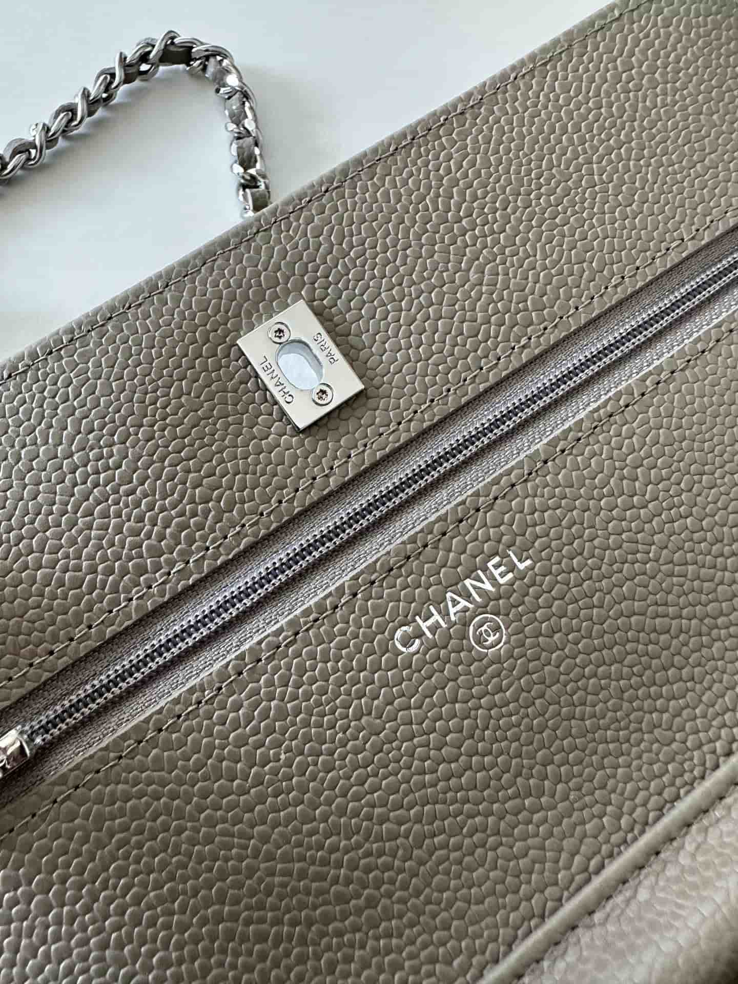 Chanel Classic Wallet on Chain Grained Shiny Calfskin & Silver-Tone Metal AP4241 Grey High