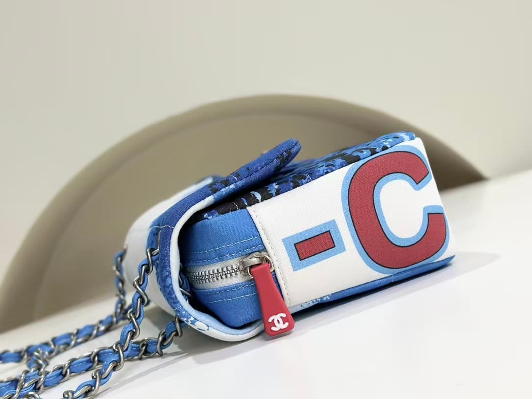 CHANEL VINTAGE Canvas Square Quilted Surf Flap Bag Blue&White Ocean Wave Print A