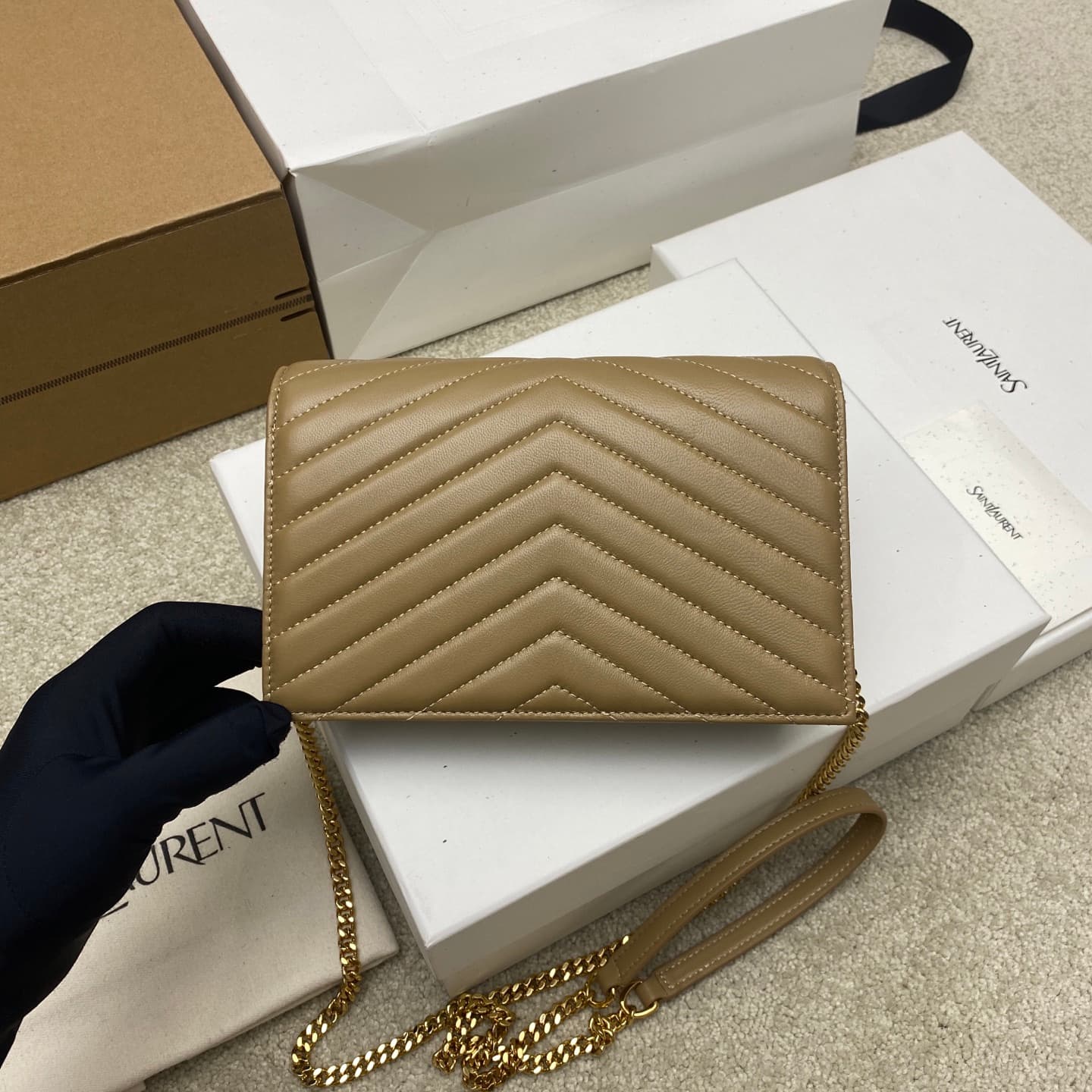 Saint Laurent Monogram Matelassé Cassandre Wallet on Chain Milk Tea Apricot Lambskin 393953 High