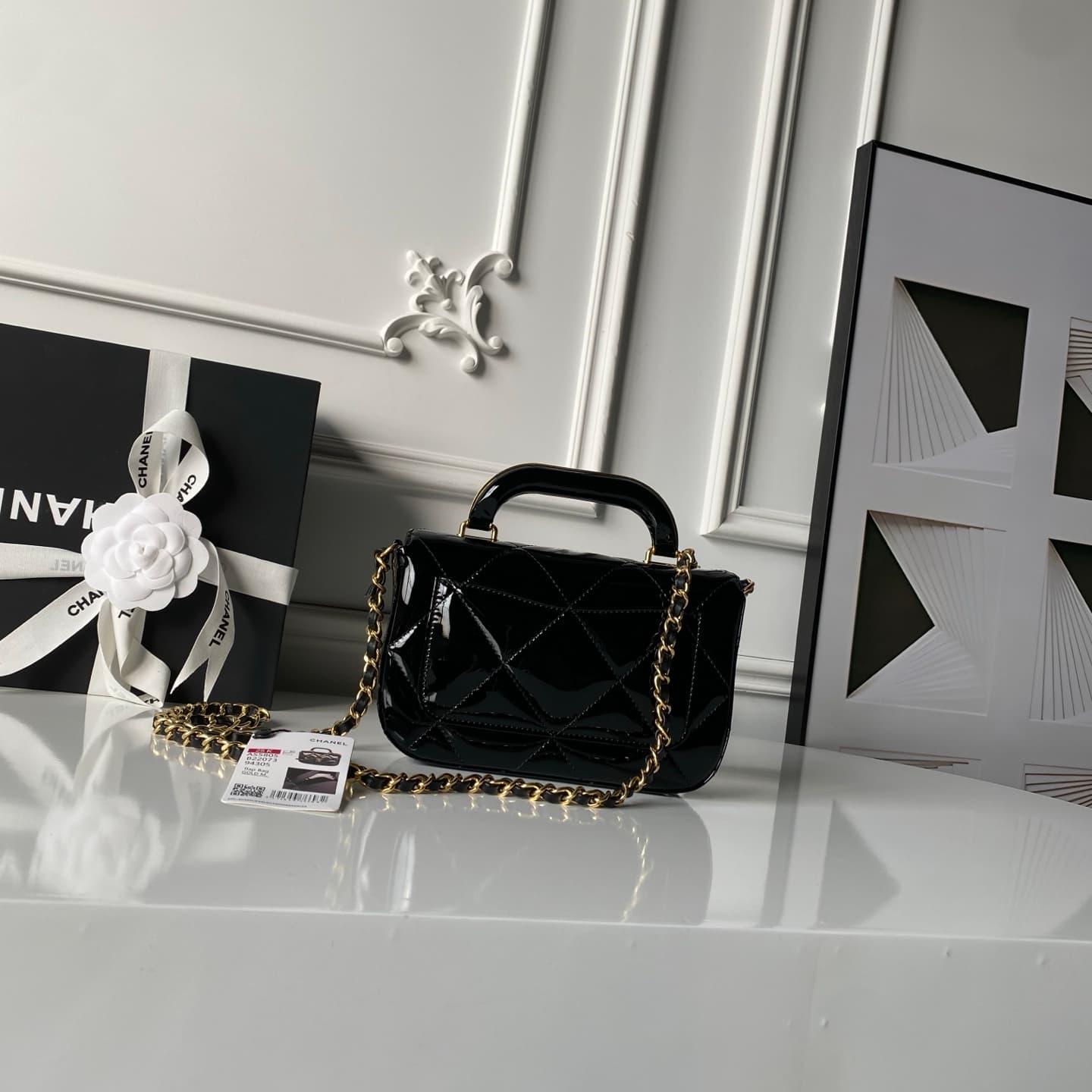 Chanel Mini Flap Bag with Top Handle Metallic Mirror Calfskin& Gold-tone Metal Black AS5805 A