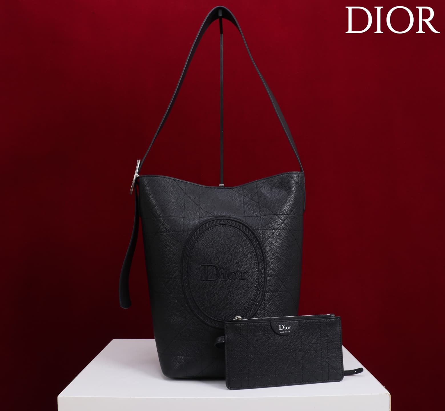 Dior Macrocannage Black Leather Medium Bucket Bag High