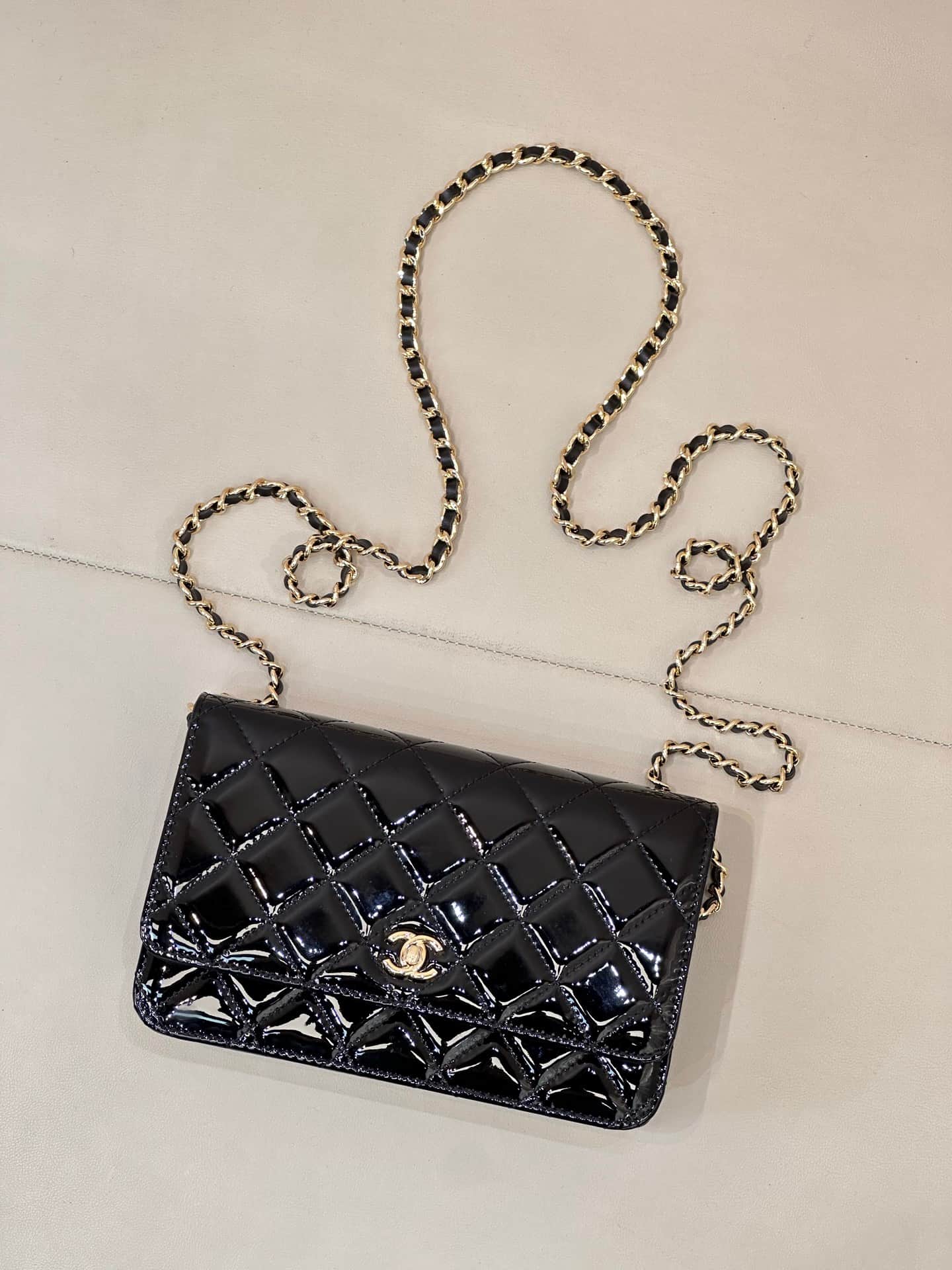 Chanel Classic Wallet on Chain Patent Quilted & Gold-Tone Metal AP4241 BLACK TOP