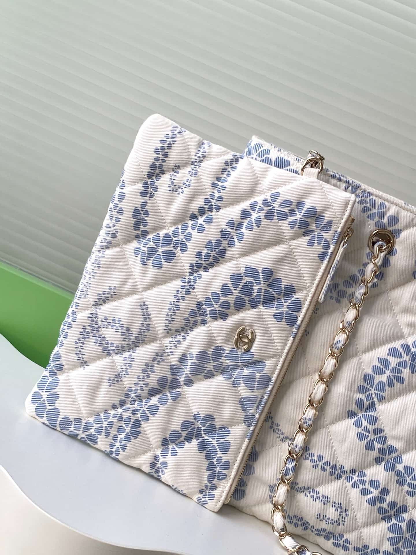 Chanel Beach Hobo Handbag Printed Cotton & Gold-Tone Metal AS5429 White and Blue A