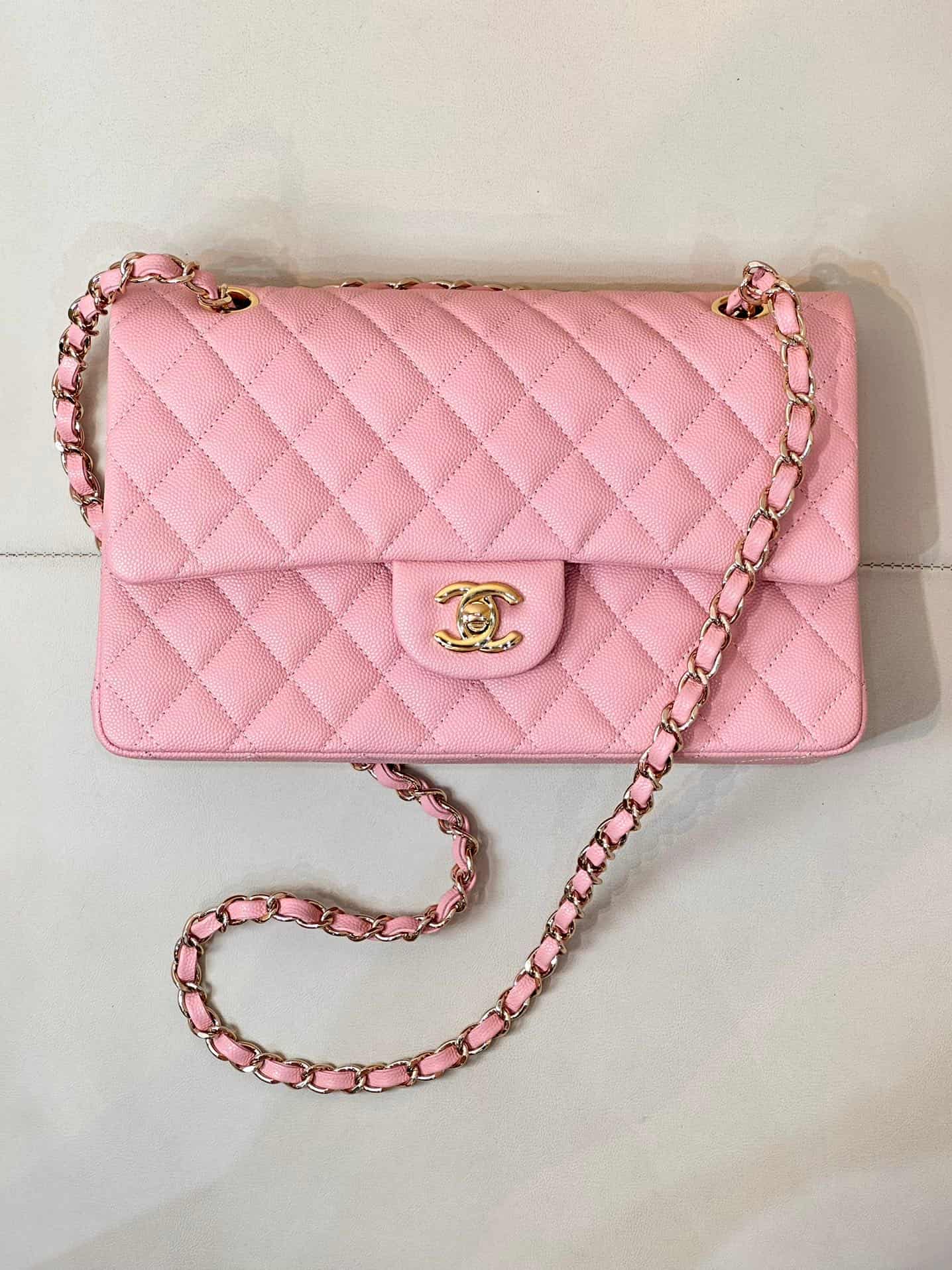 Chanel Medium CLASSIC HANDBAG Grained Calfskin Pink Gold Metal TOP