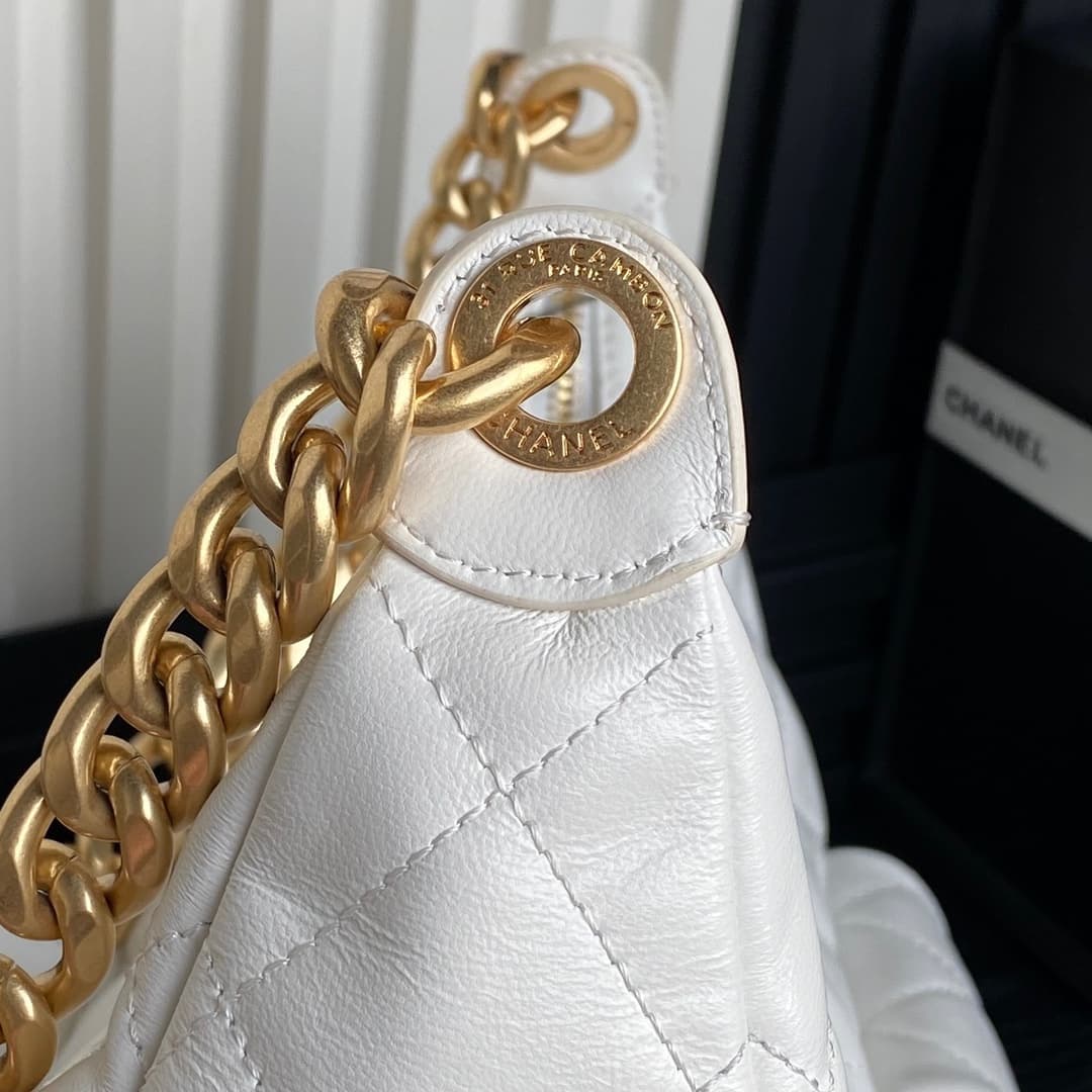 Chanel Trendy Pockets Hobo Bag Lambskin & Gold Metal White AS5302 A