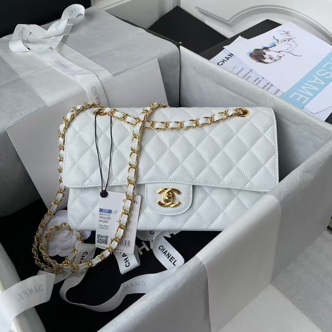 Chanel Medium CLASSIC HANDBAG Grained Calfskin White Gold Metal A