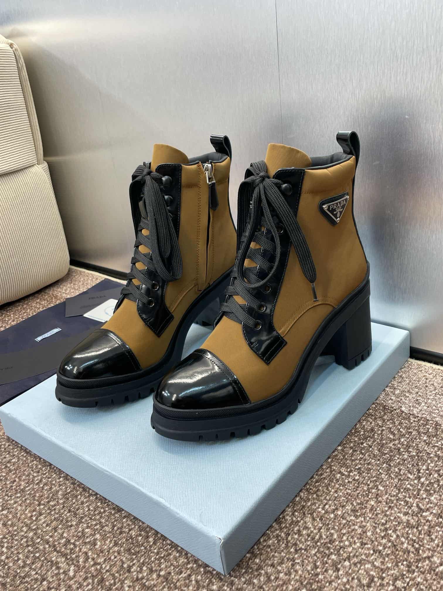 Prada Enameled Metal Triangle Nylon Combat Boots Shoes Medium Women