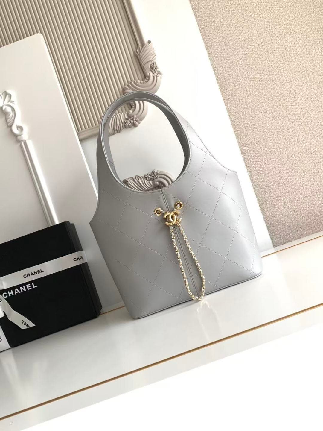 Chanel Medium Shopping Bag Grey Leather & Gold-Tone Metal AS6108 A
