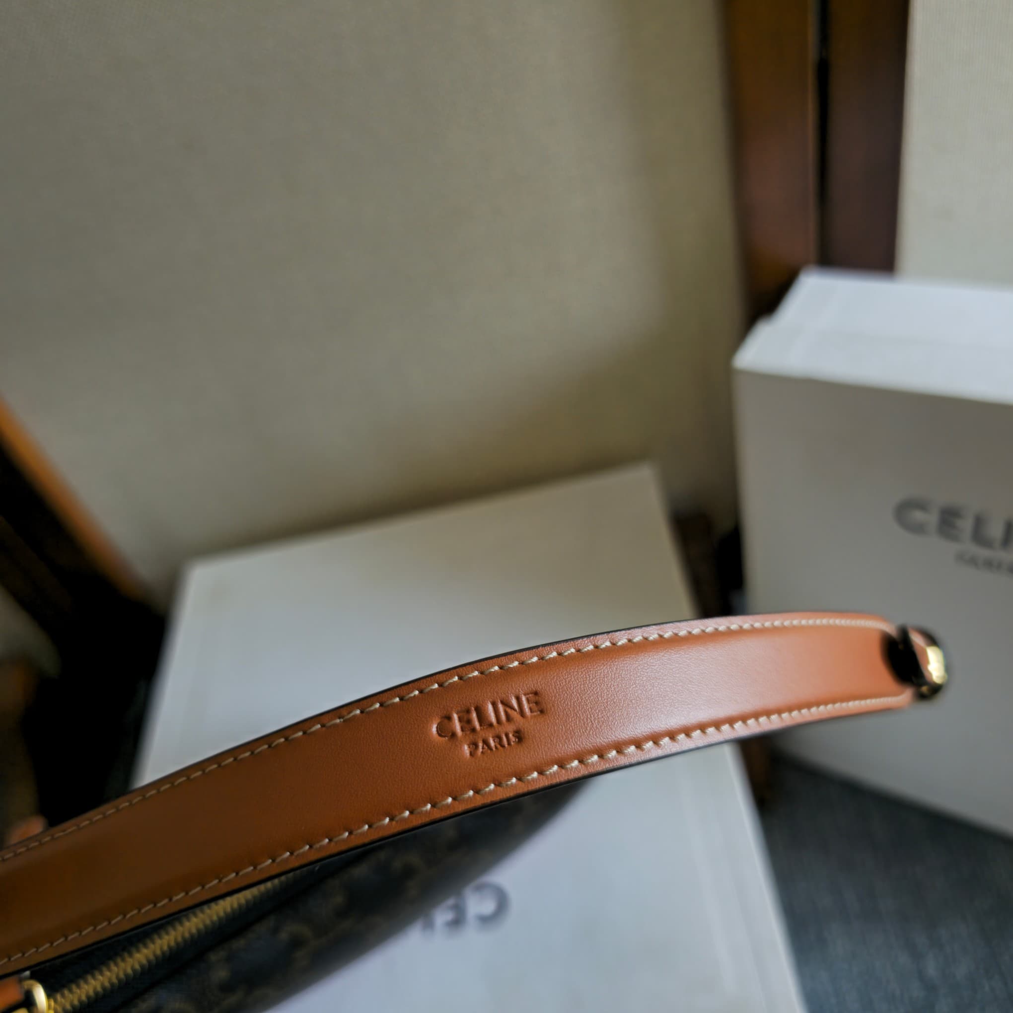 Celine Triomphe Canvas Shoulder Bag in Tan High