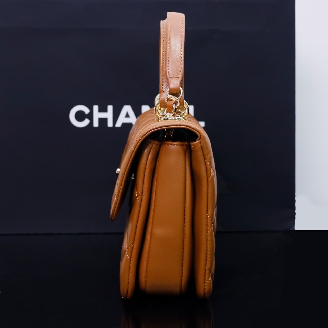 SMALL FLAP BAG WITH TOP HANDLE Lambskin Gold Metal Tan A
