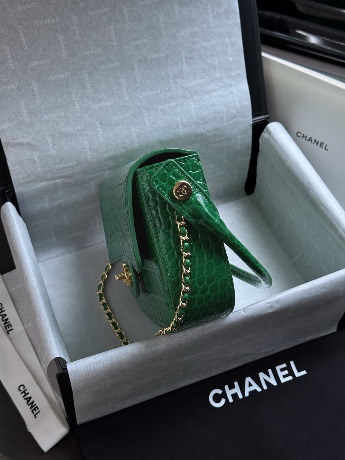Chanel Mini Flap Bag with Top Handle Crocodile Embossed Calfskin & Gold-Tone Metal Green AS6424 A