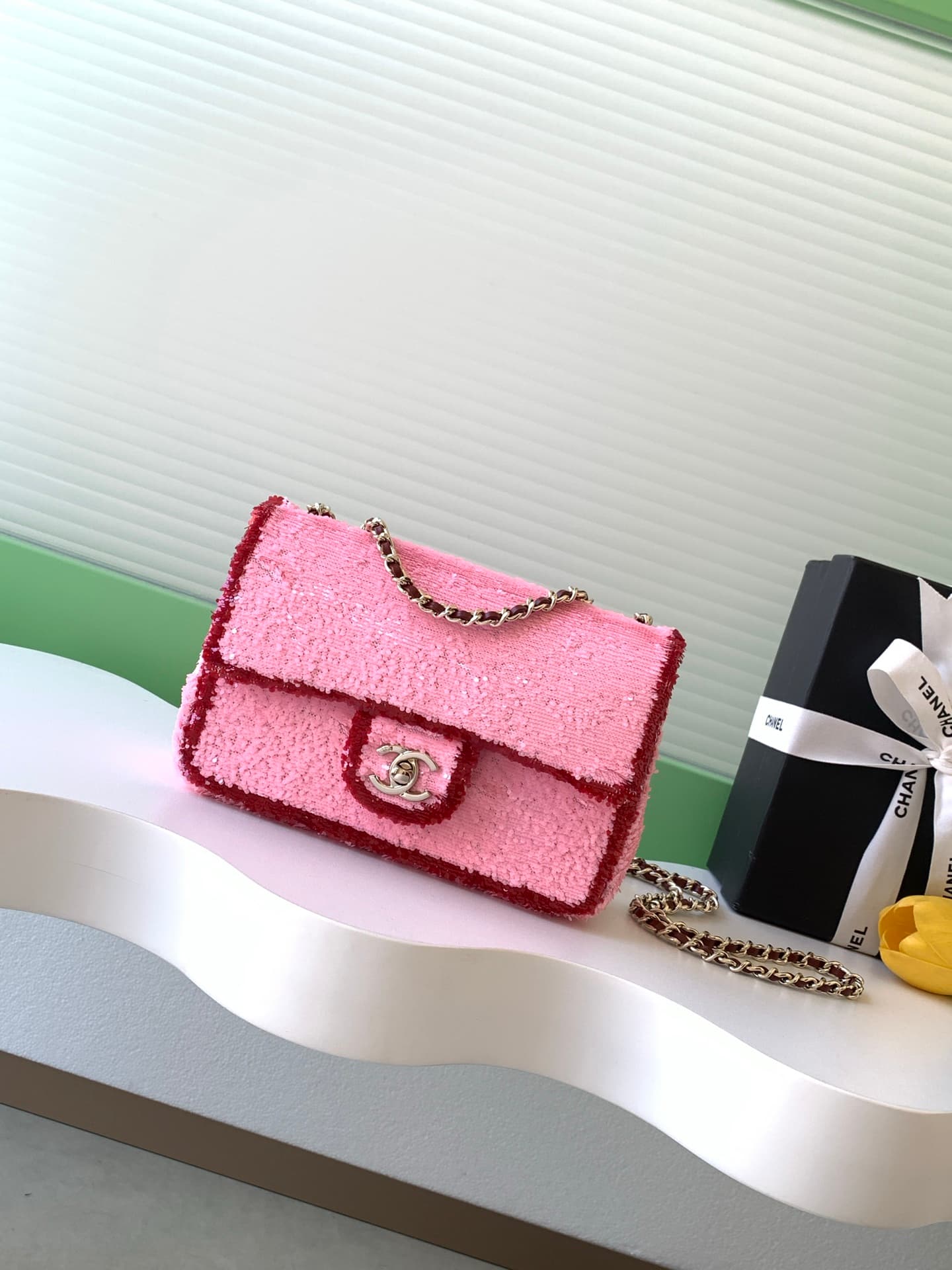 Chanel Flap Bag Sequins & Gold-Tone Metal Pink AS4561  A