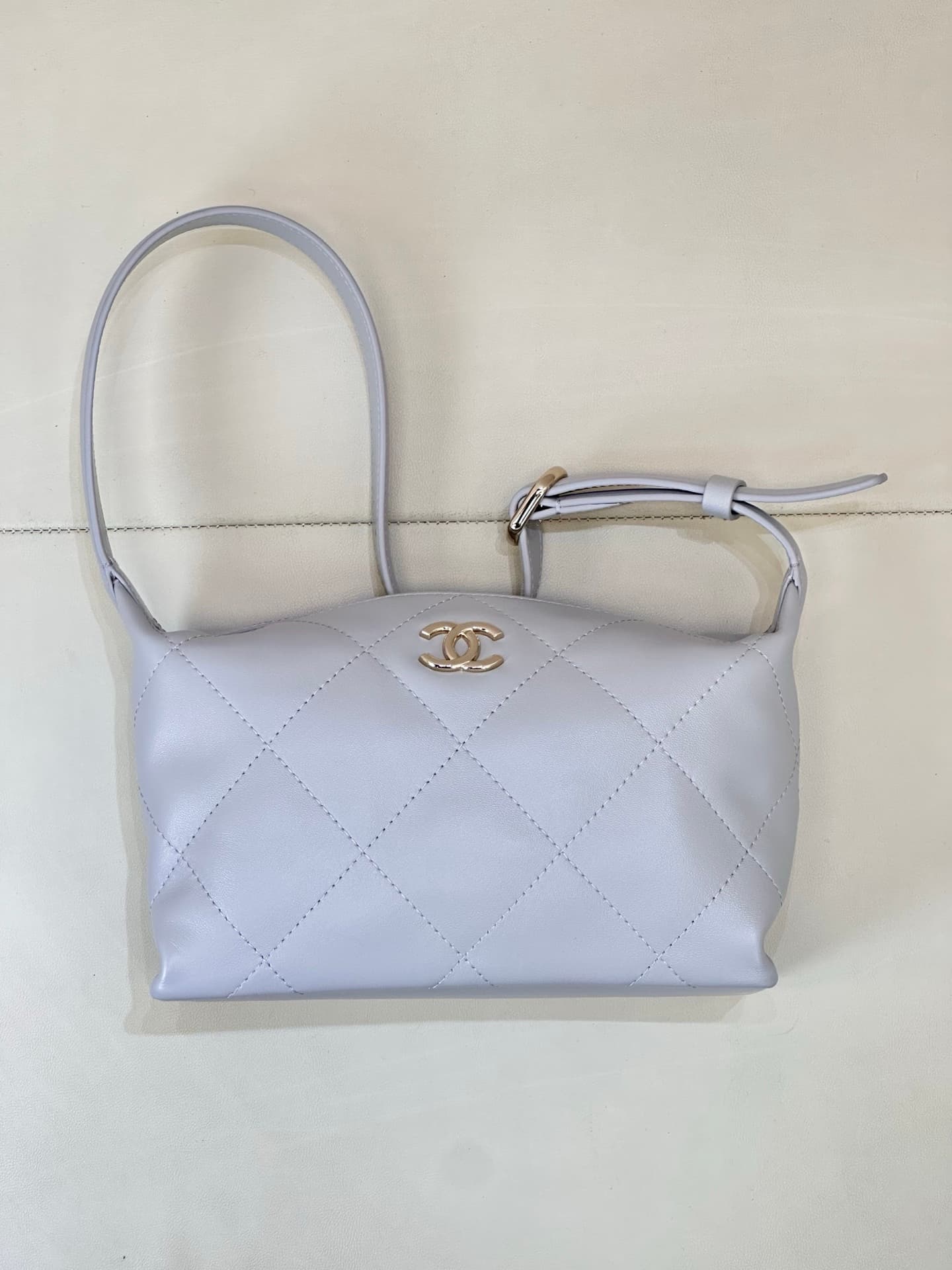 Chanel Hobo Bag Shiny Lambskin & Gold-Tone Metal AS6138 Light Blue TOP