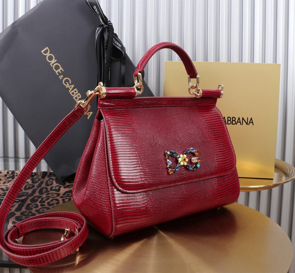 Sicily Handbag 25cm in Iguana Print Calfskin and Crystal DG Logo Patch High