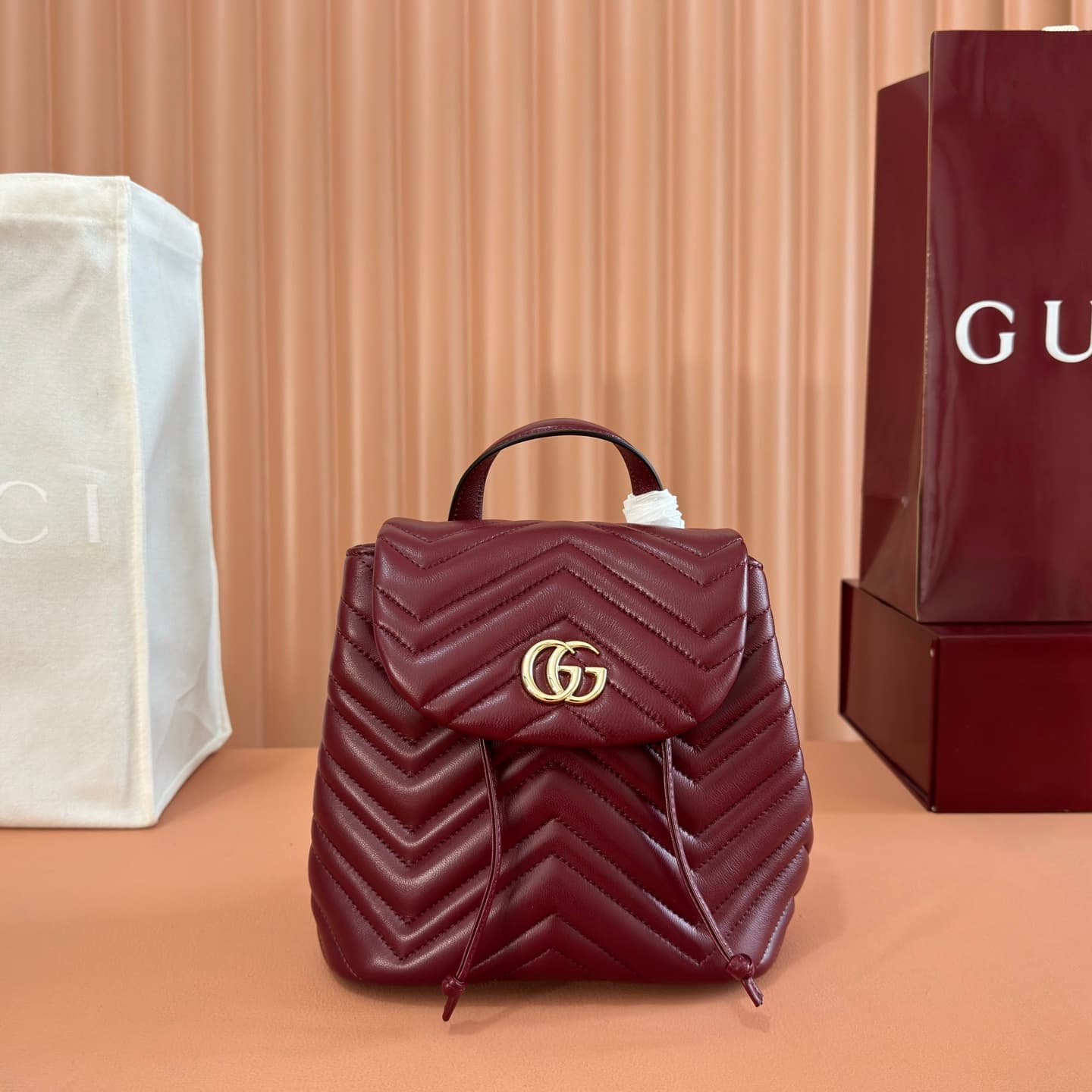 Gucci GG Marmont Mini Backpack Rosso Ancora red Matelassé Chevron Nappa Leather 855921 High