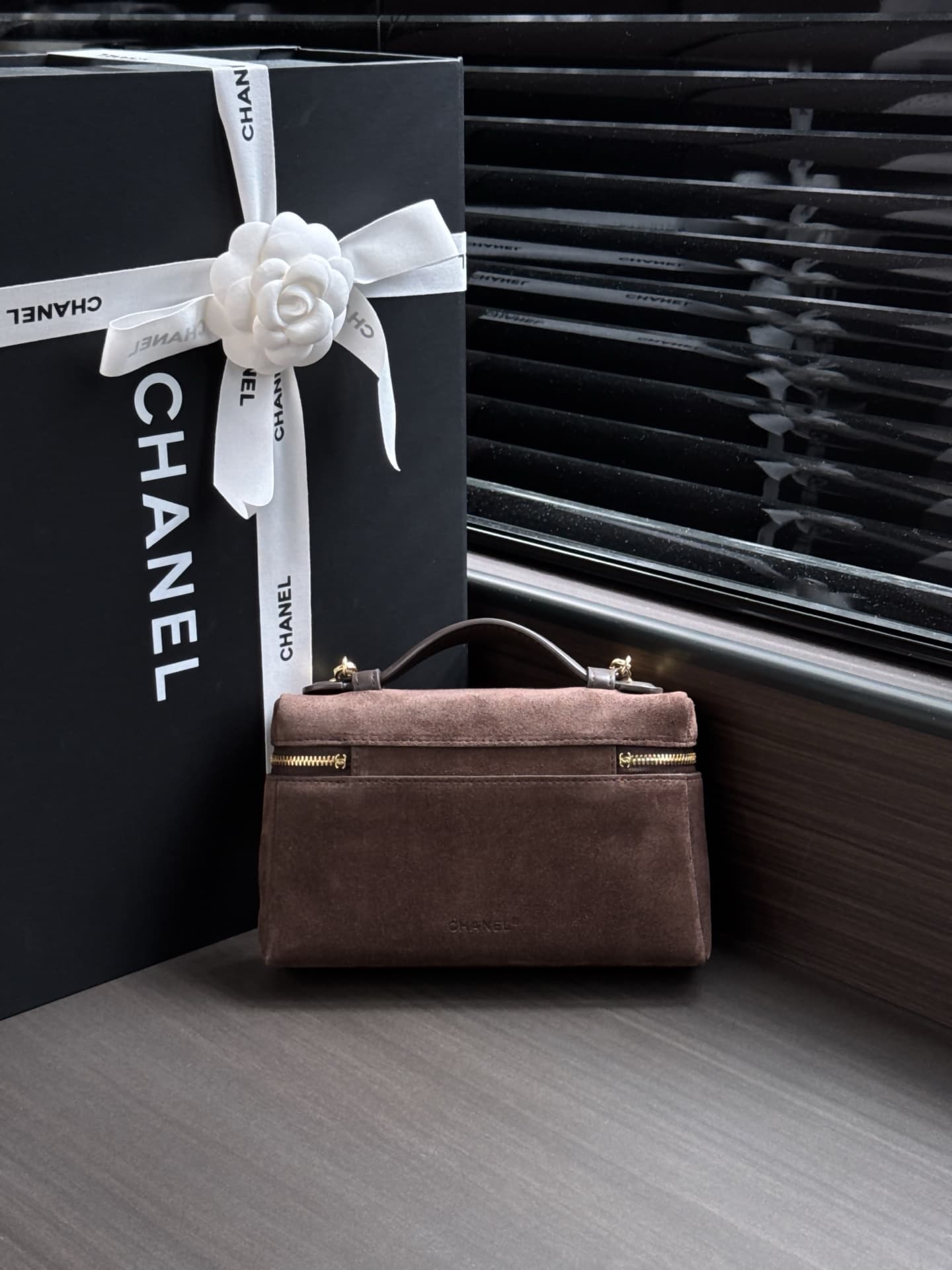 Chanel Small Vanity with Chain Suede Calfskin & Gold Metal Dark Brown AP5346 A
