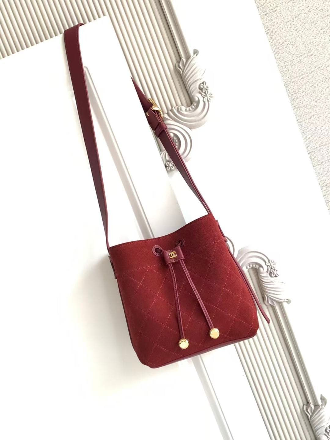Chanel Small Bucket Bag Suede Calfskin & Gold-Tone Metal Burgundy AS6537 A