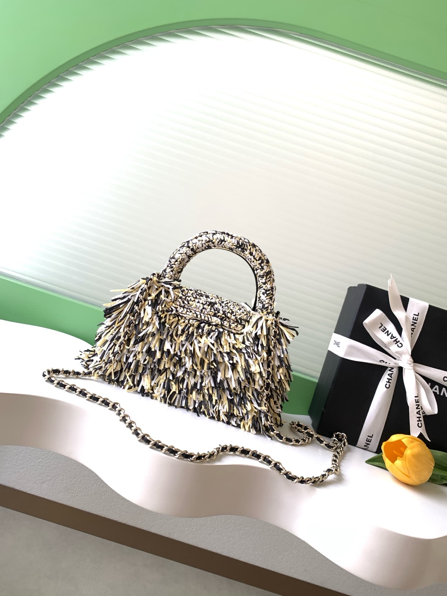 Chanel Mini Shopping Bag Raffia-Effect Fabric, Wood & Gold-Tone Metal AS4416 A