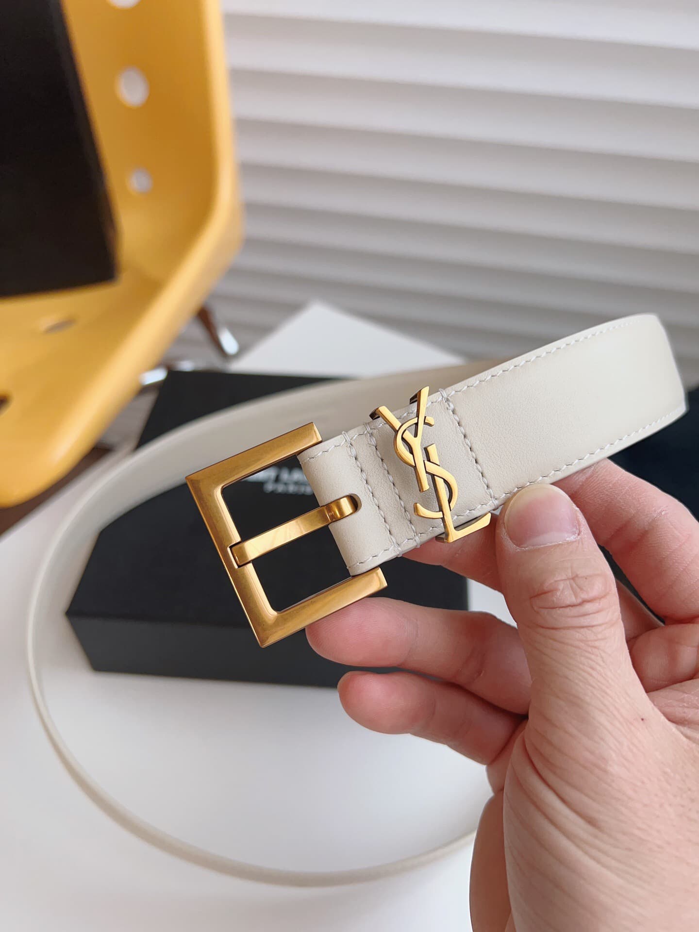YSL CASSANDRE BELT WITH SQUARE BUCKLE IN SHINY BOX LEATHER High