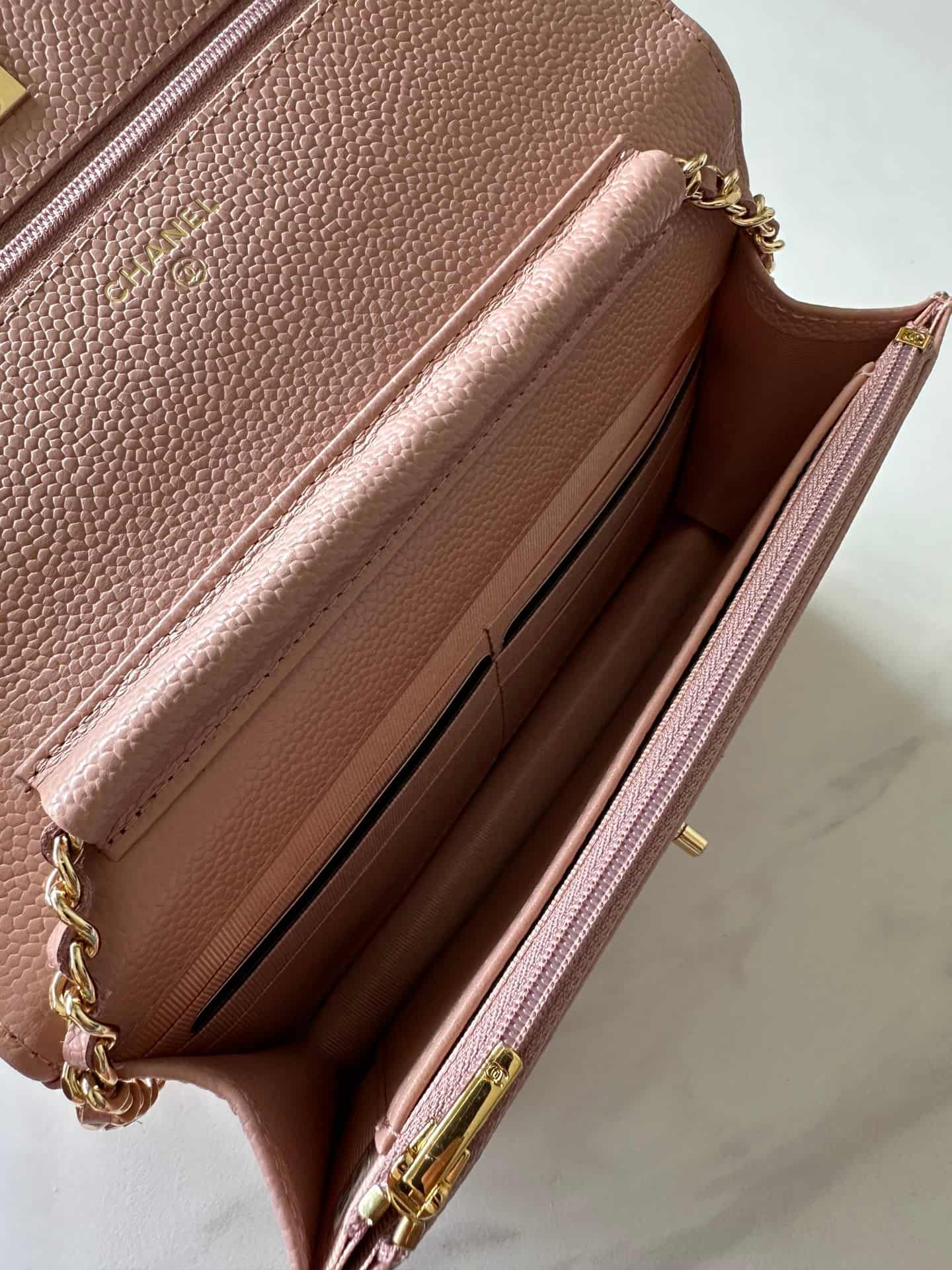 Chanel Classic Wallet on Chain Grained Shiny Calfskin & Gold-Tone Metal AP4241 Light Pink High