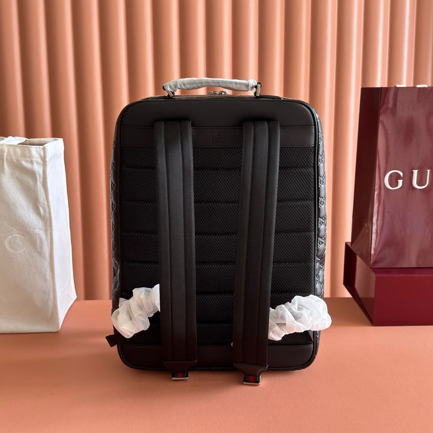 Gucci GG Emblem medium backpack Black embossed GG smooth leather 857974  High