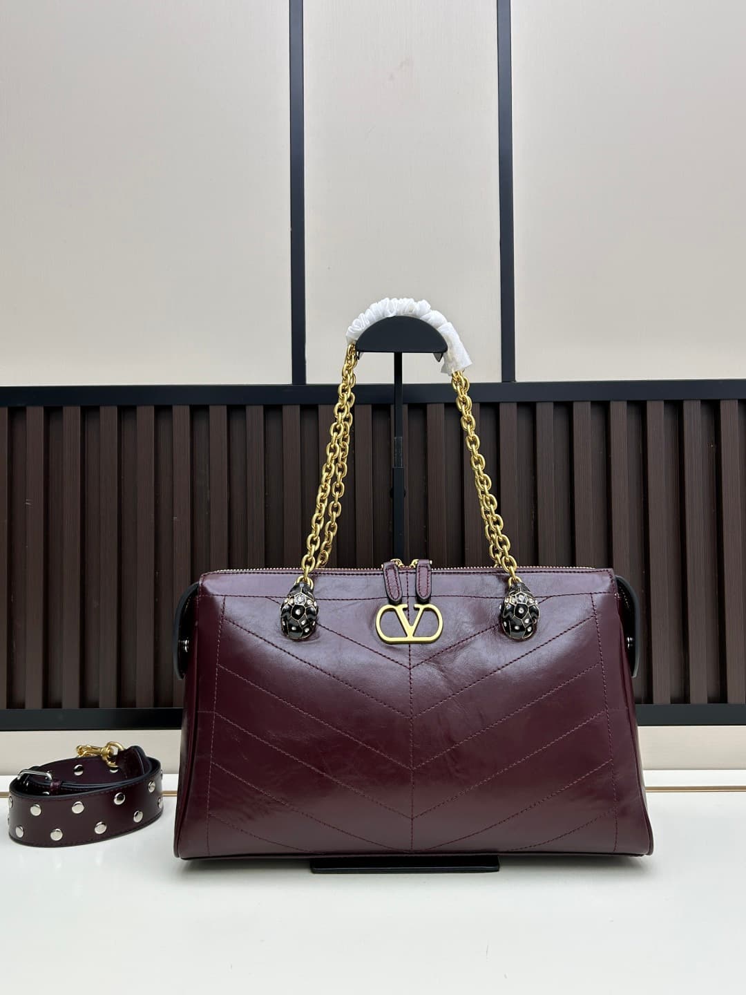 Valentino VLogo Garavani Panthea Shoulder Bag Burgundy Leather Mid