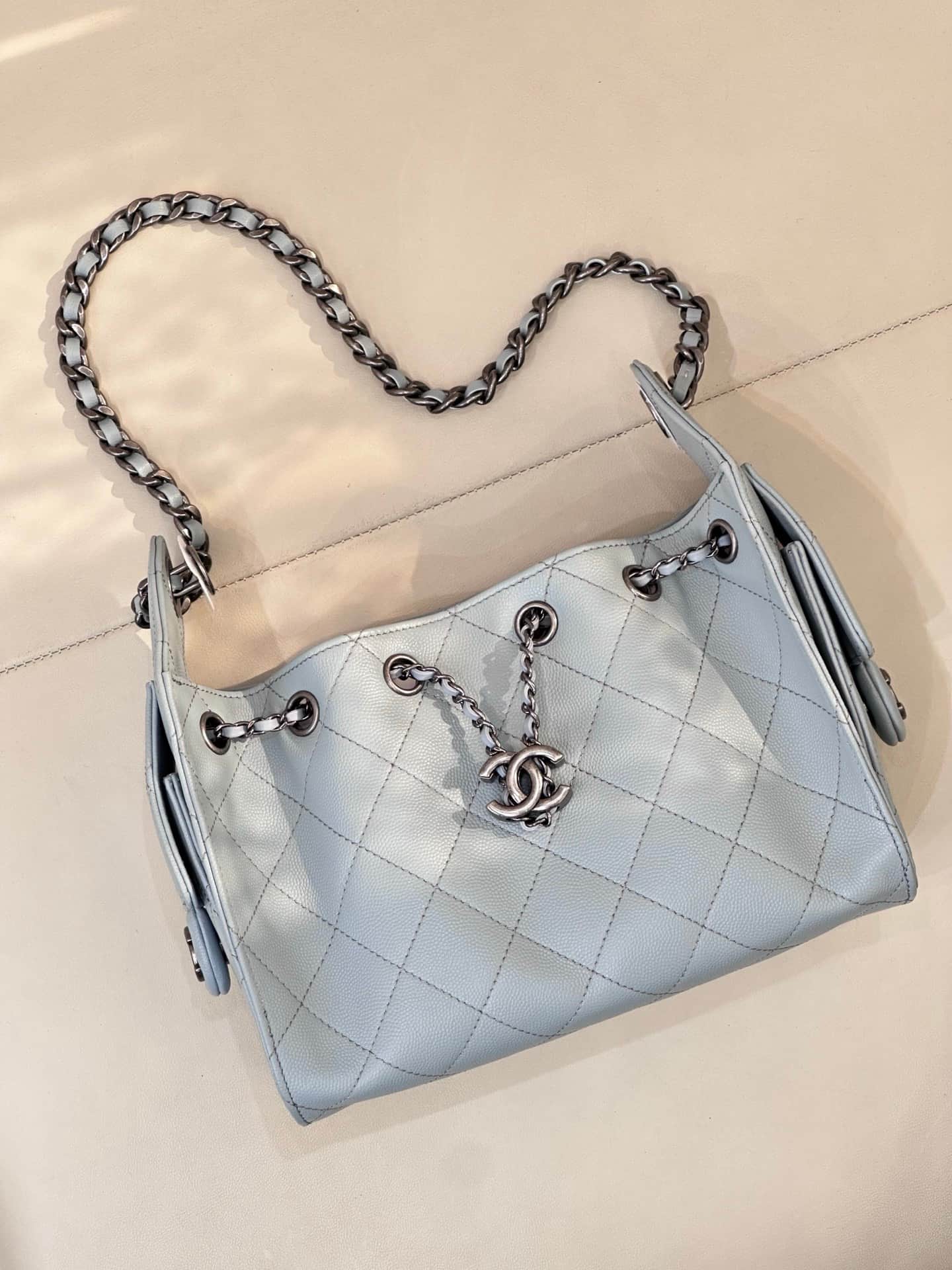 CHANEL 25 Mini Handbag AS5631 Grained Calfskin & Black & Silver-Tone Metal Light Blue TOP