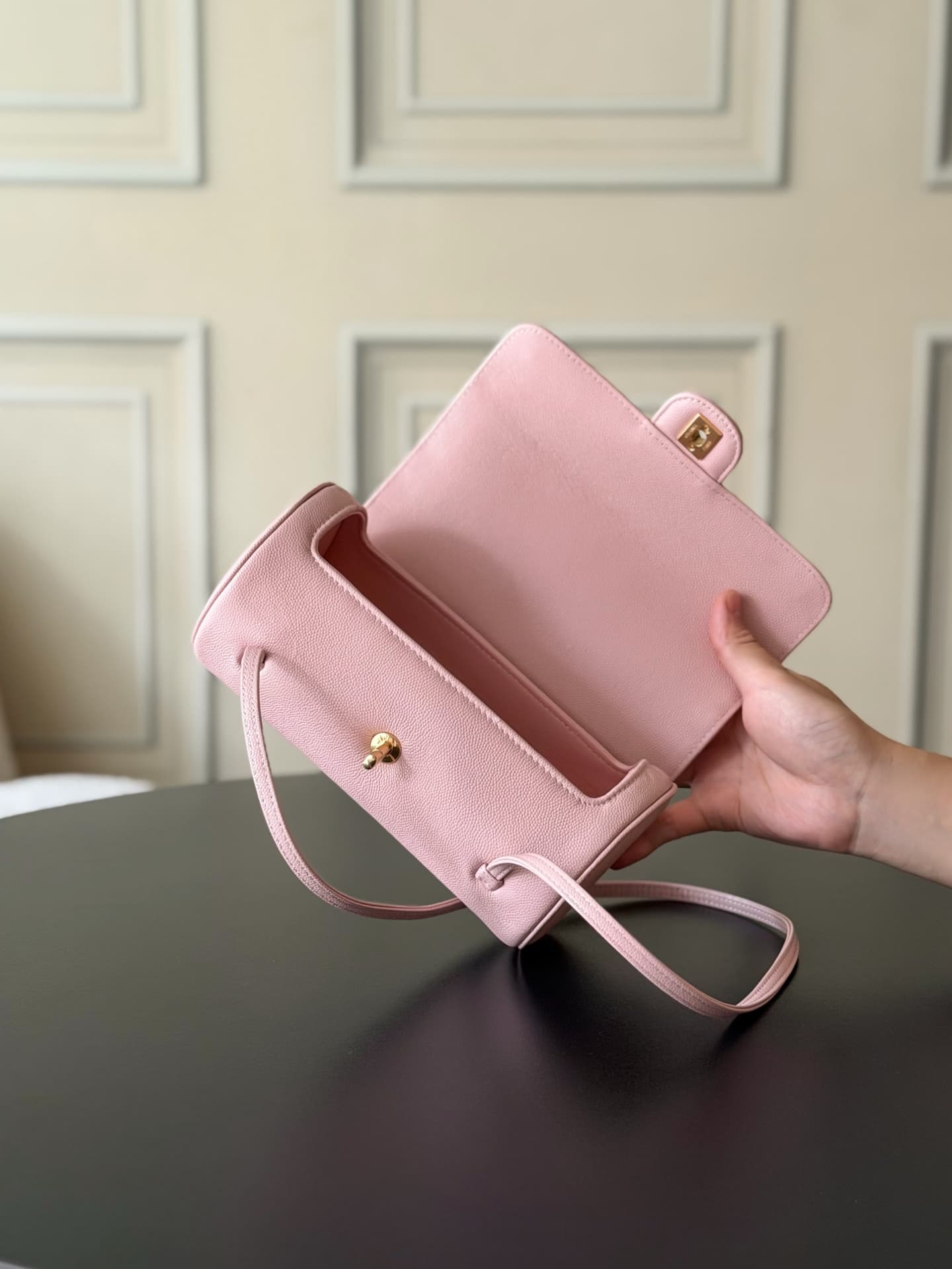 Chanel Small Bowling Bag Grained Shiny Calfskin & Gold-Tone Metal AS6143 Pink High