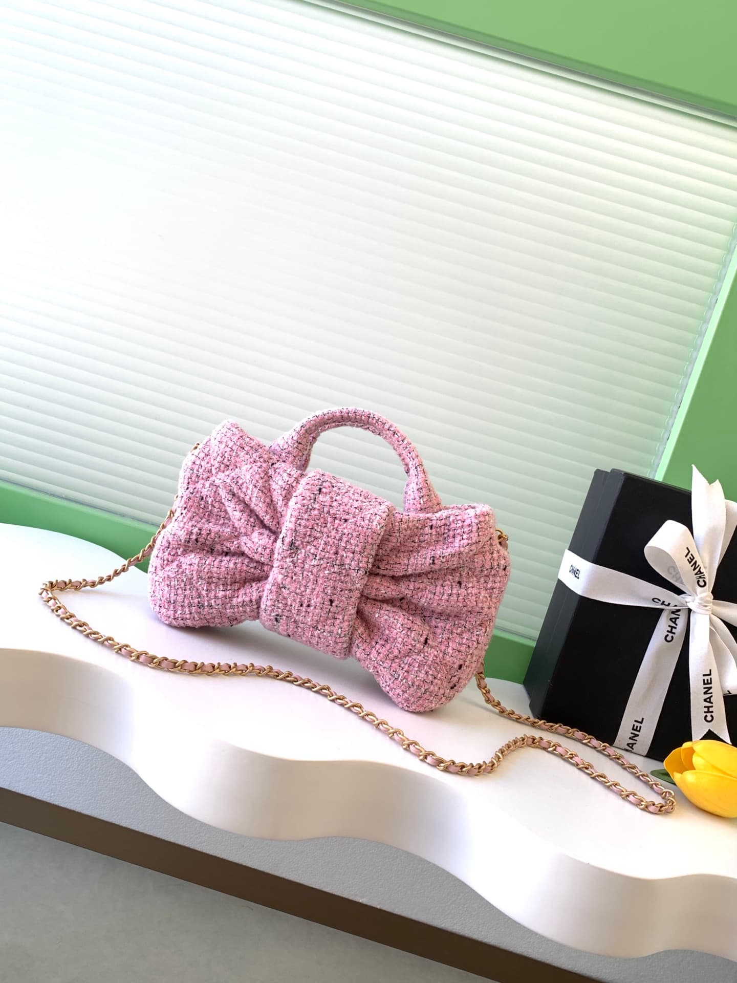Chanel Mini Bow Bag Tweed & Gold-Tone Metal Pink AS5849 A