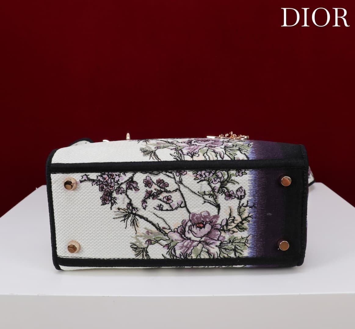 Medium Lady D-Lite Bag White and Purple Embroidery High