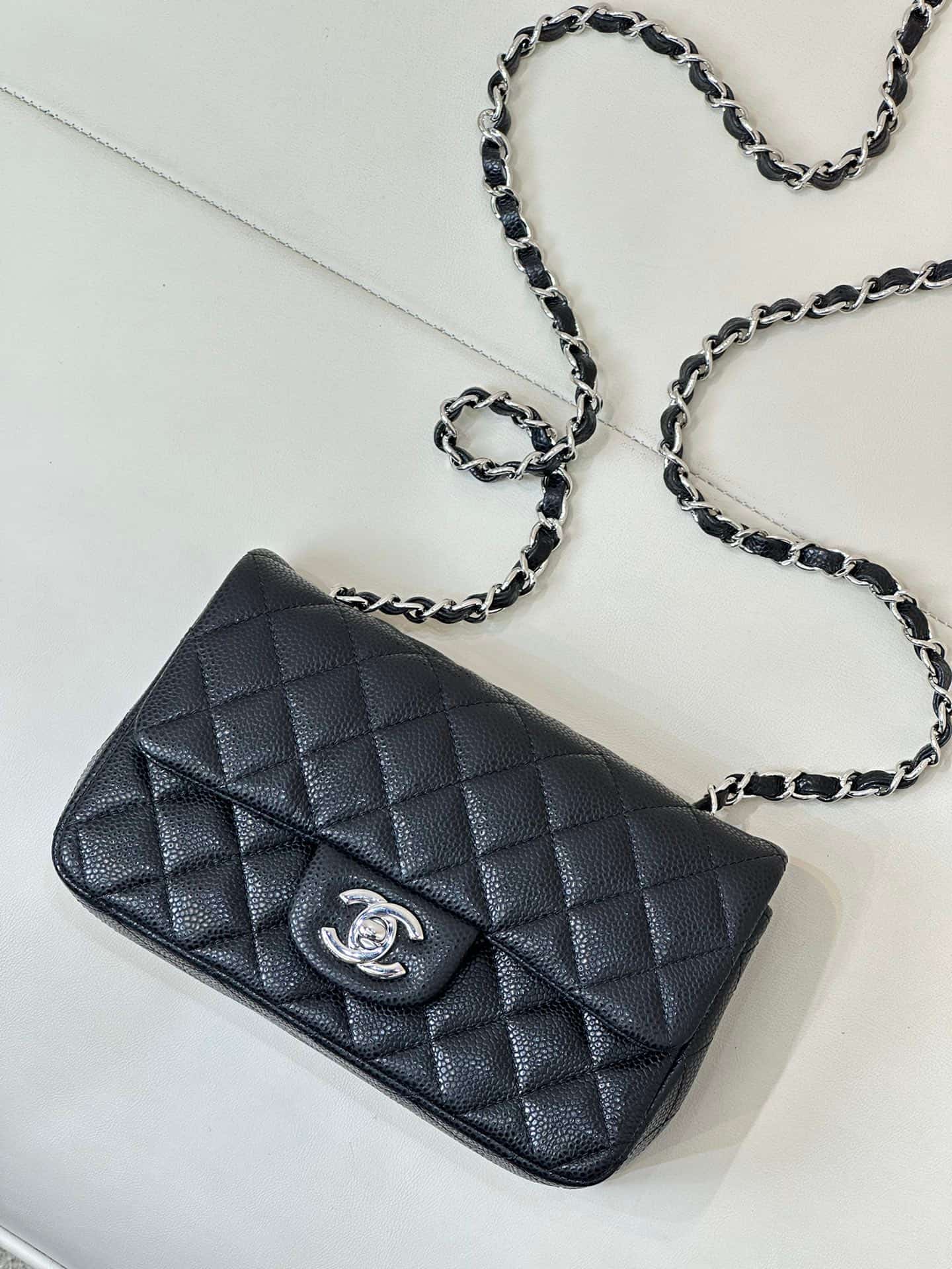 CHANEL Mini Classic Handbag Grained Calfskin & Silver-tone Metal A69900 Black TOP