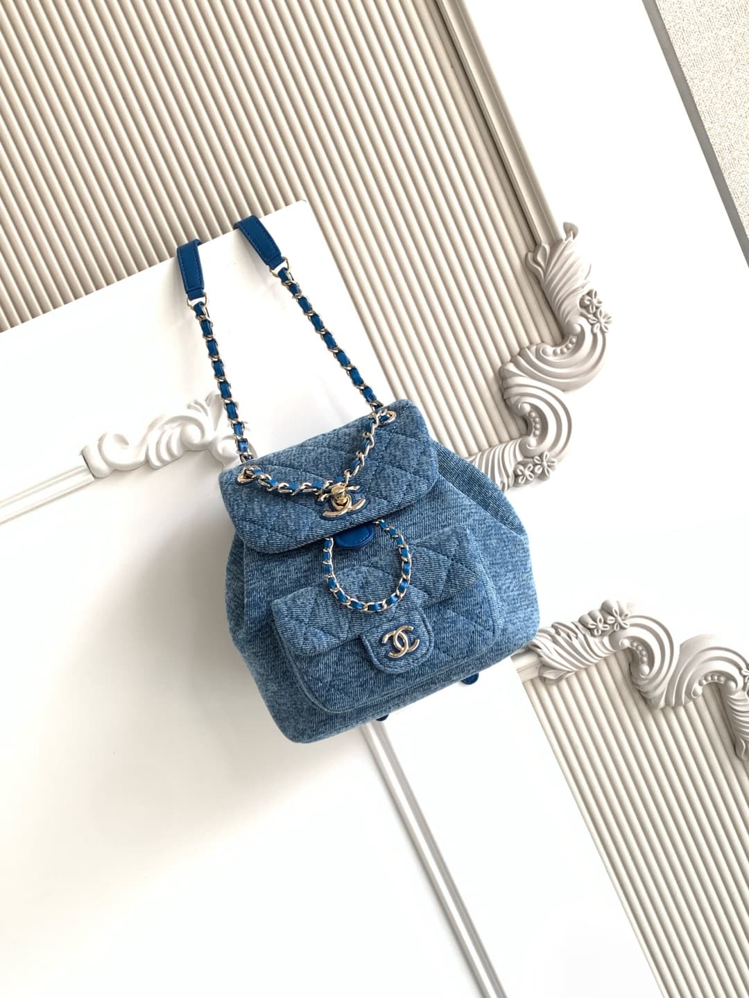 Chanel Small Backpack Washed Denim & Gold-Tone Metal Blue AS2908 A