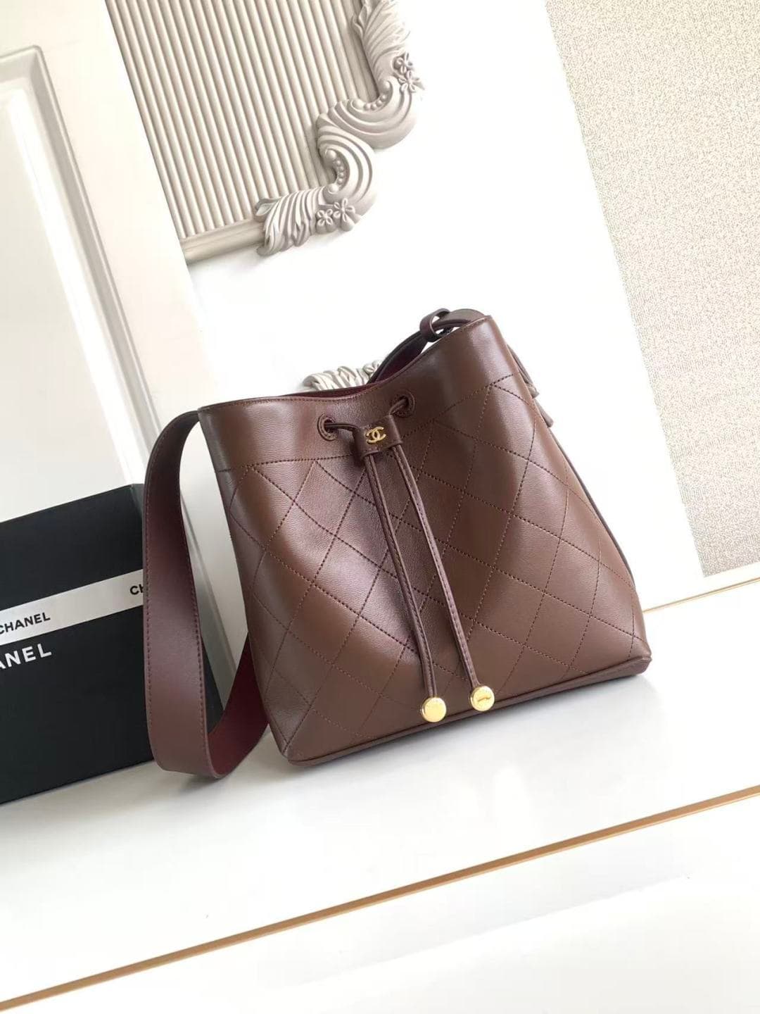 Chanel Bucket Bag Calfskin Leather & Gold-Tone Metal Dark Brown AS6584 A