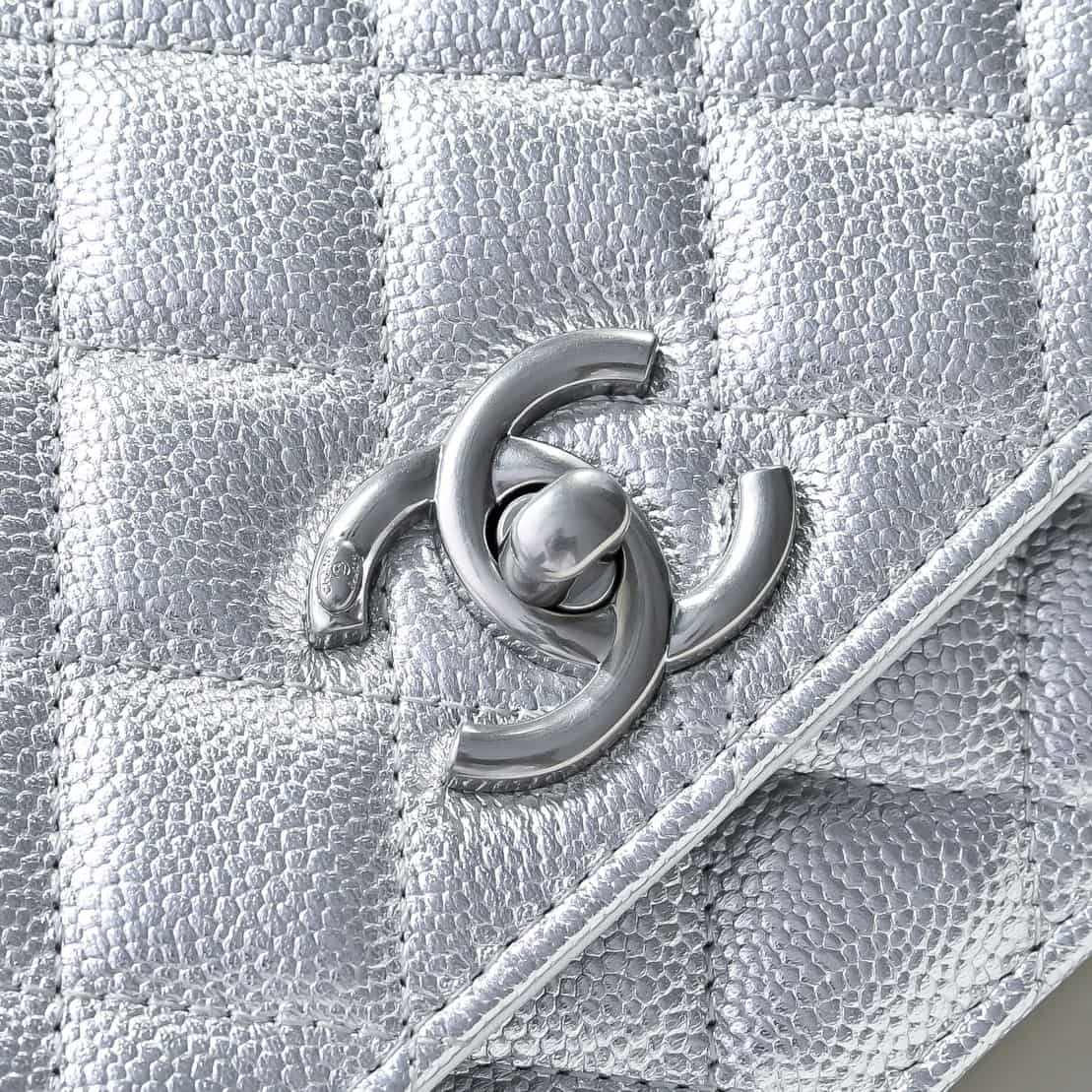 Chanel Wallet on Chain quilted metallic leather & Silver-Tone Metal Silver AP3938 High