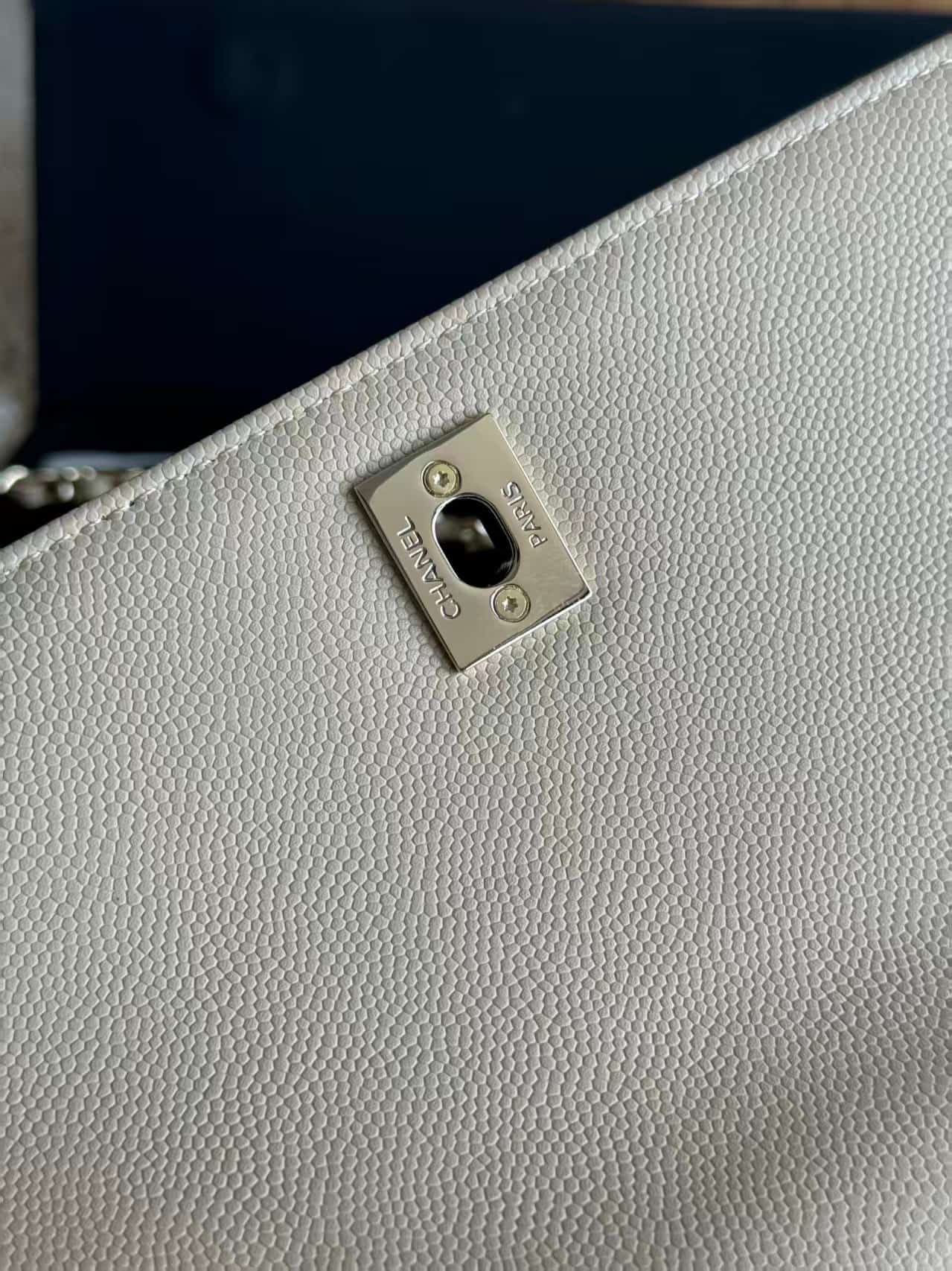 FLAP BAG WITH TOP HANDLE Grained Calfskin & Gold-Tone Metal A92990 Beige TOP