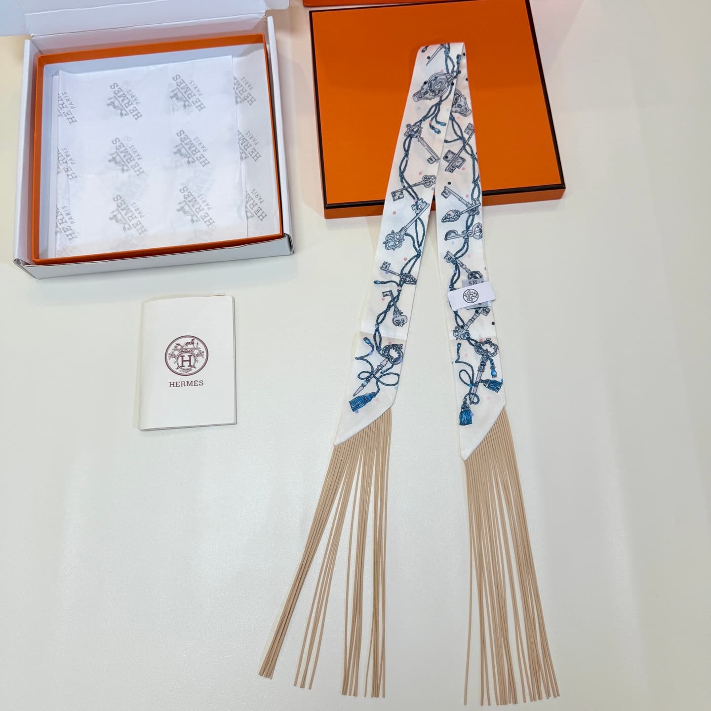 Hermes Les Cles a Pois Fringed Silk Twilly