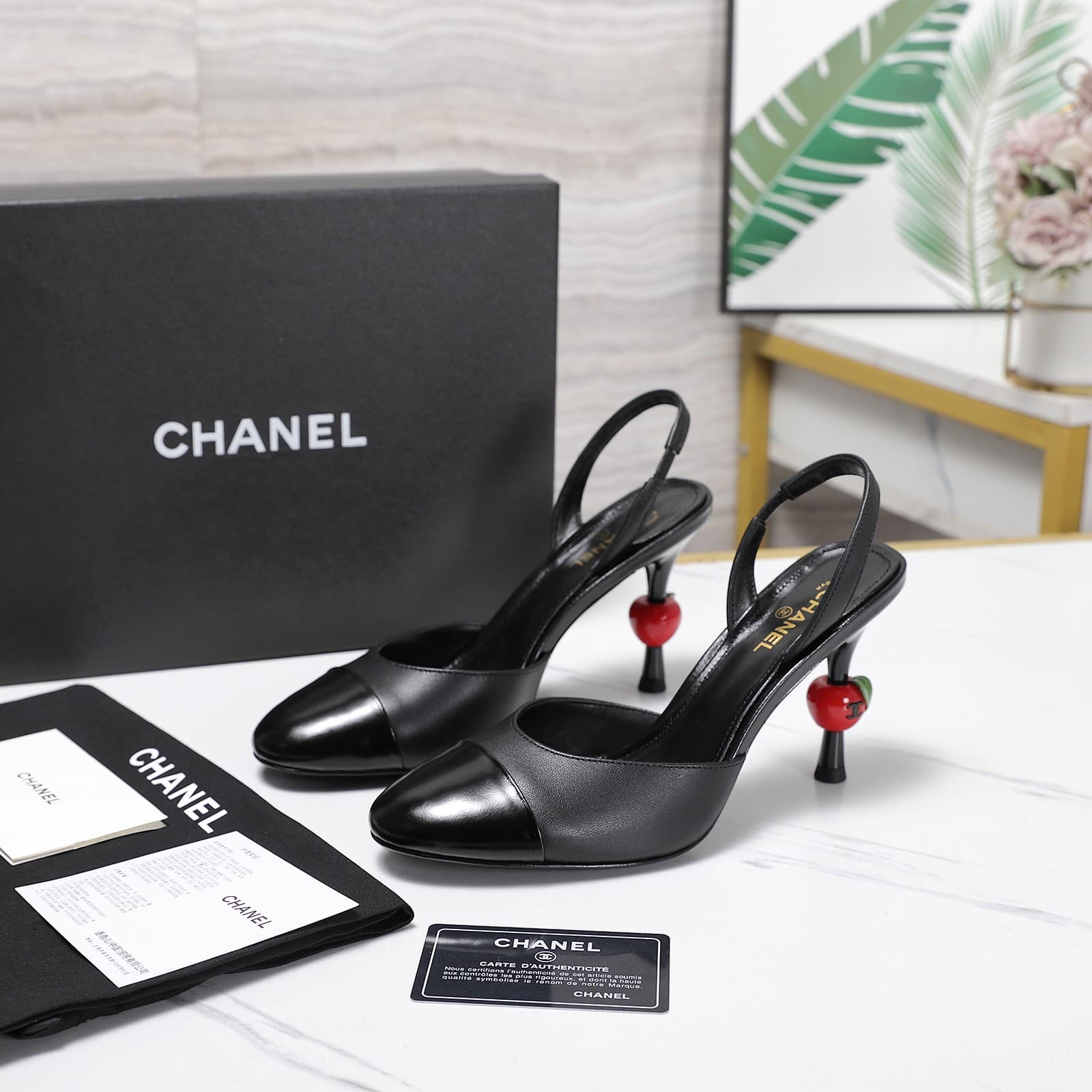 Chanel Lambskin Patent Cap Toe CC Slingback Pumps
