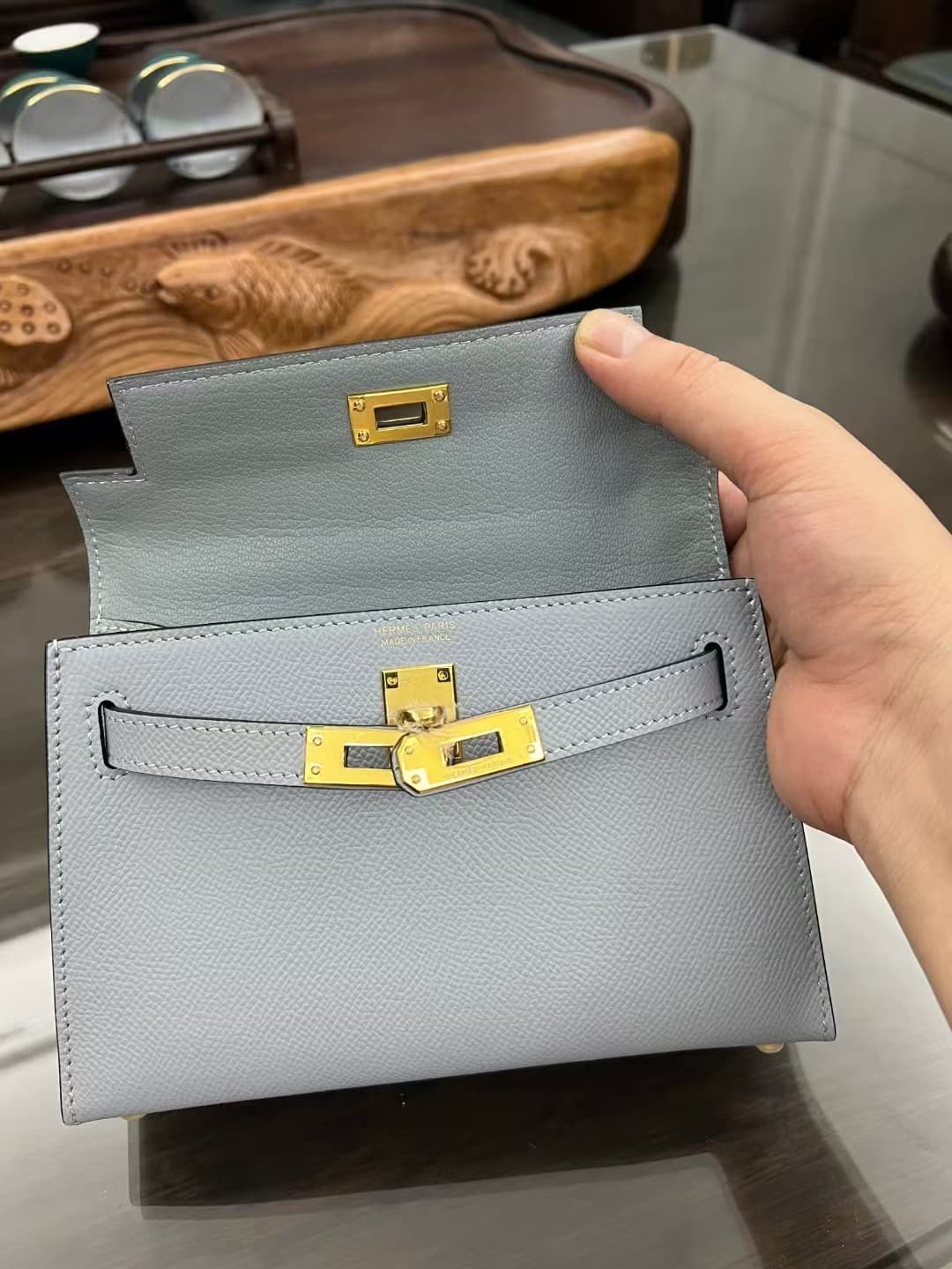 Hermes Kelly Mini II Bag Epsom Leather In Bleu Brume CTN High