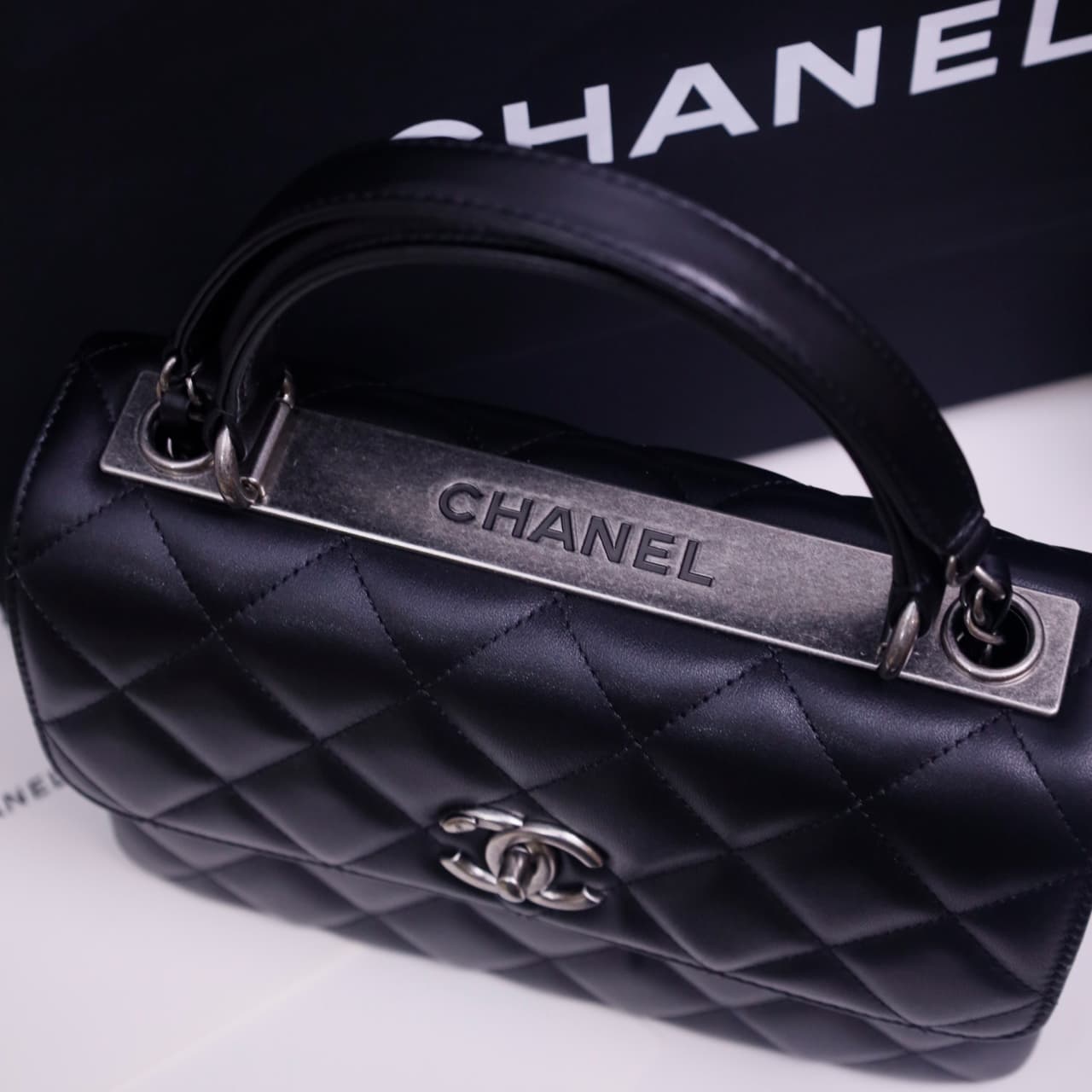 SMALL FLAP BAG WITH TOP HANDLE Lambskin Silver Metal Black A