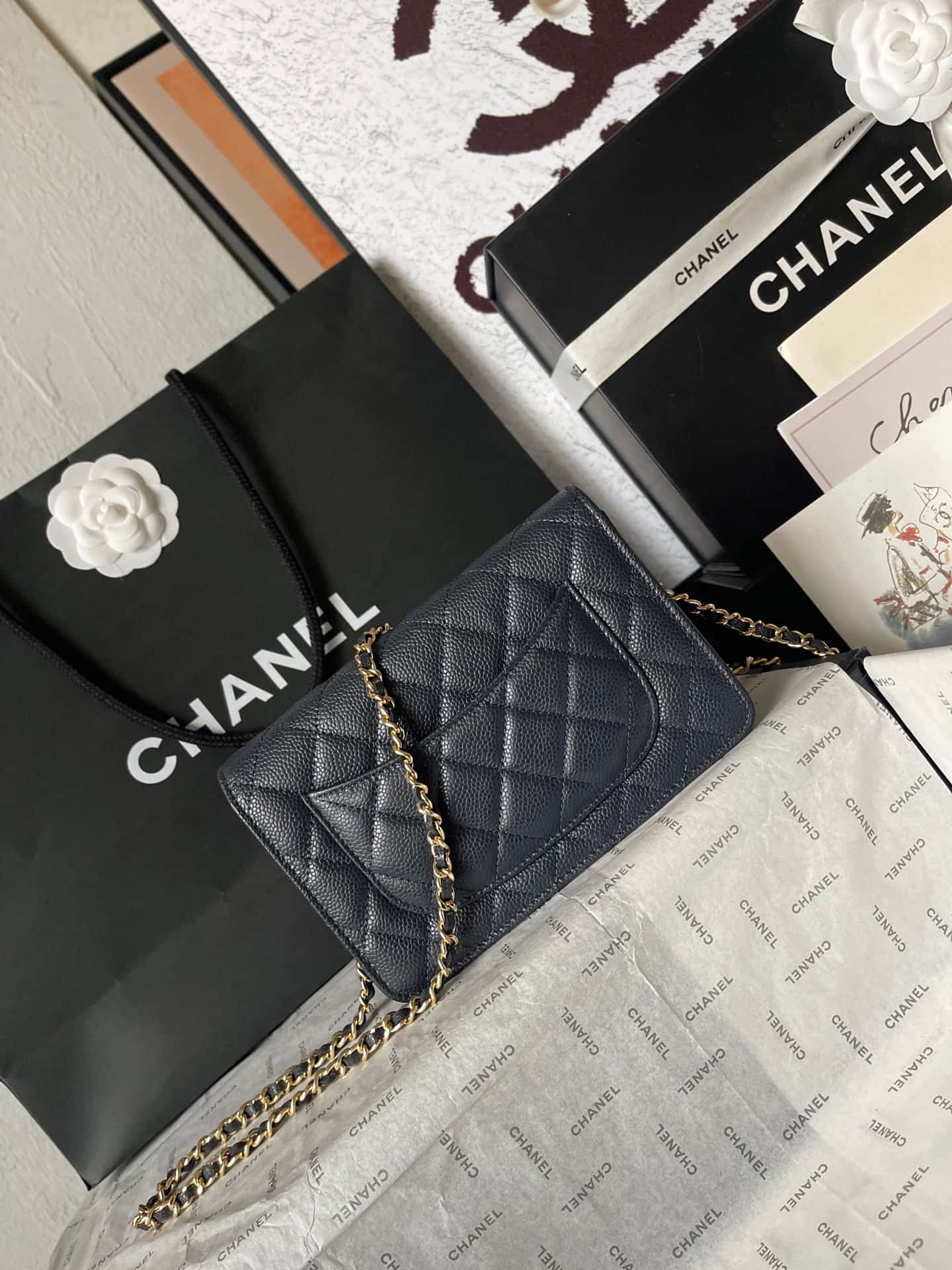 Chanel Classic Wallet on Chain Grained Shiny Calfskin & Gold-Tone Metal AP4241 Dark Blue A