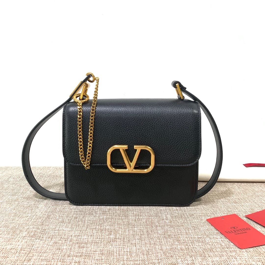 Valentino Vsling Large Shoulder Bag In Black Grainy Calfskin High