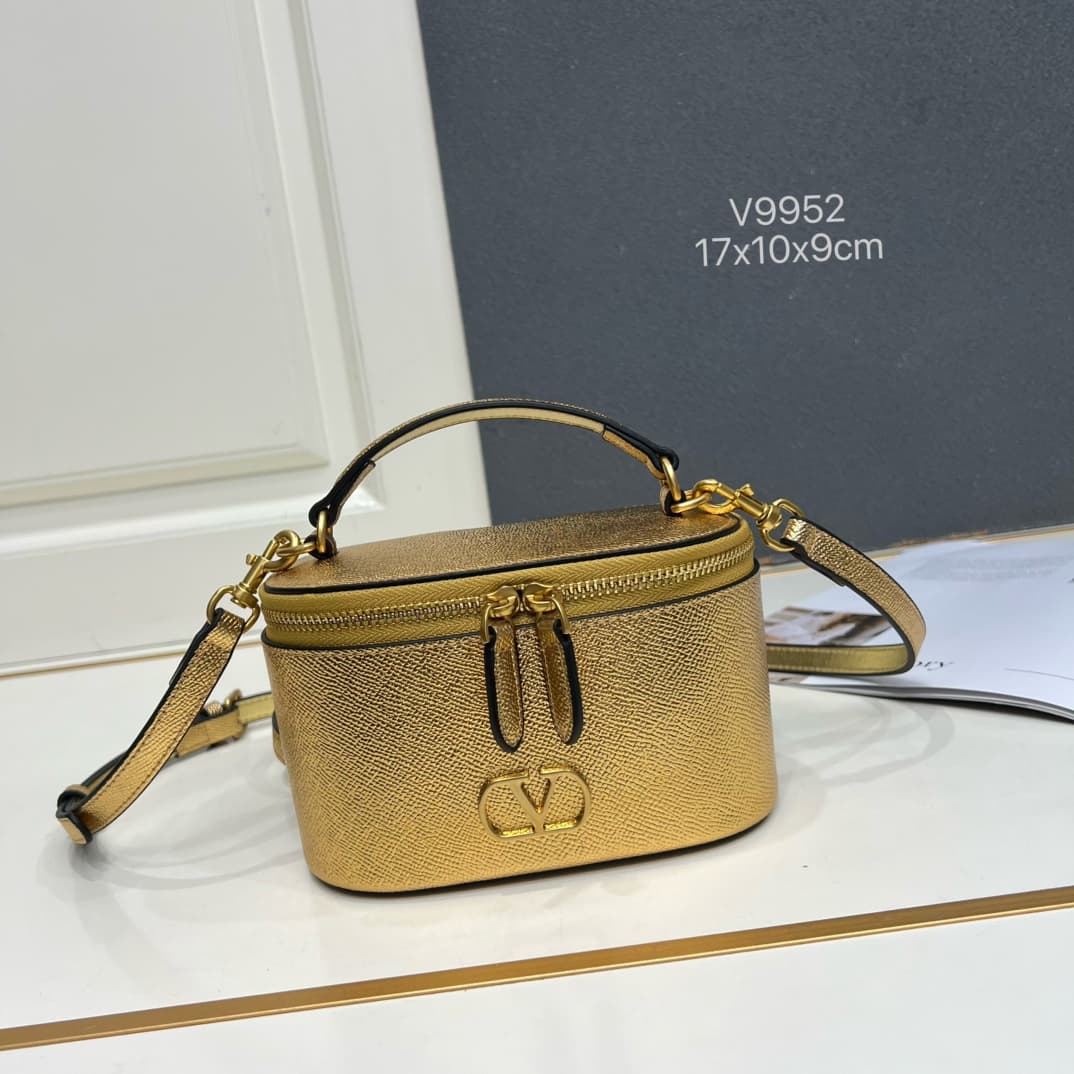 Valentino Garavani VLogo Signature Mini Vanity Bag in Gold Calfskin Mid