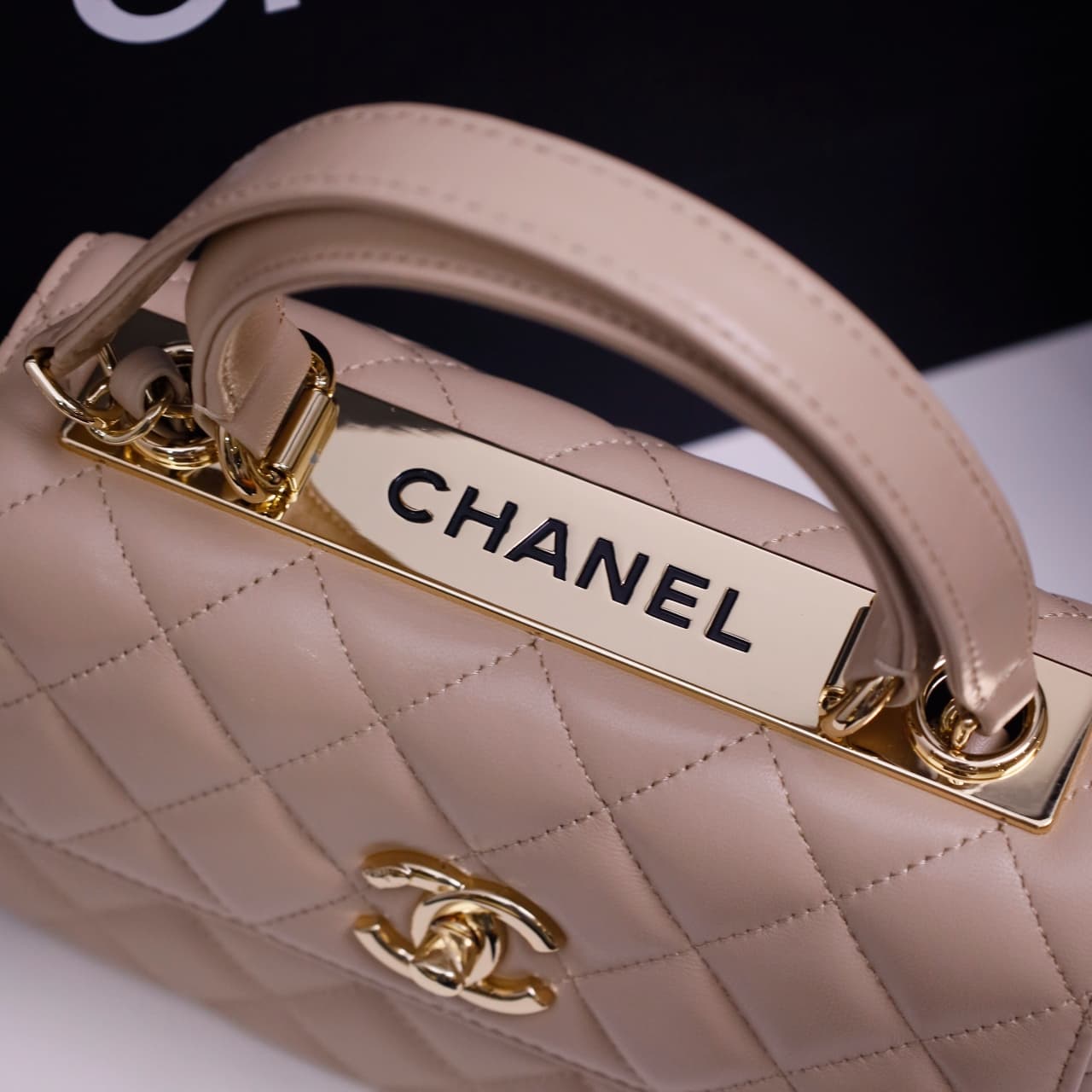 Chanel MINI FLAP BAG WITH TOP HANDLE AS4654 Lambskin &Gold-Tone Metal Beige A