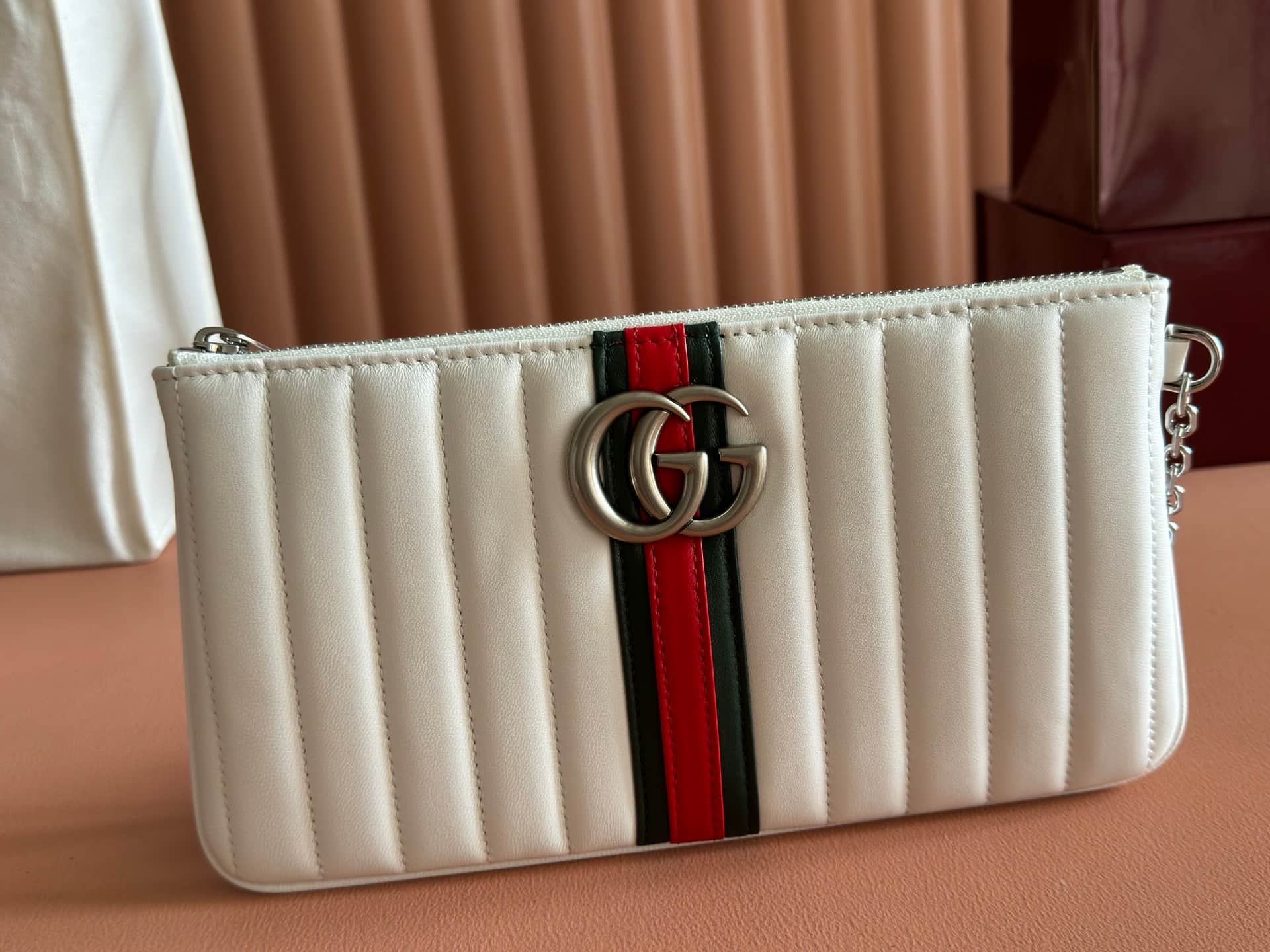 Gucci GG Marmont pouch with strap White vertical matelassé nappa leather A006X2 High