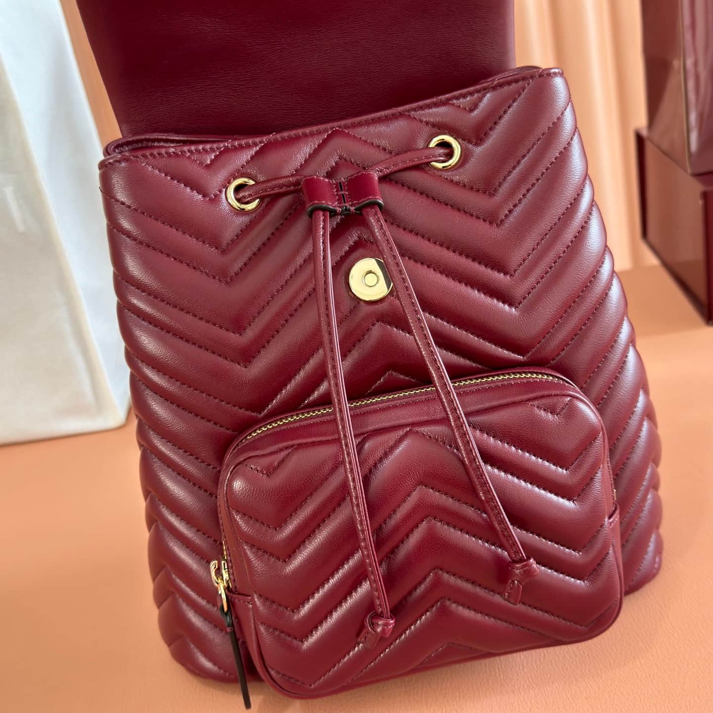 Gucci GG Marmont Small Backpack Rosso Ancora red Matelassé Chevron Nappa Leather 861878  High